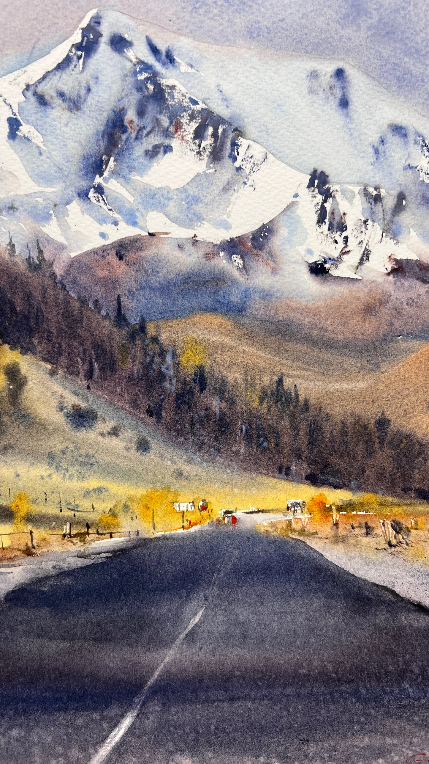 Snowy Mountain Road Watercolor Painting, Winter Landscape Painting, Road to the Clouds   10x16 (Copy)