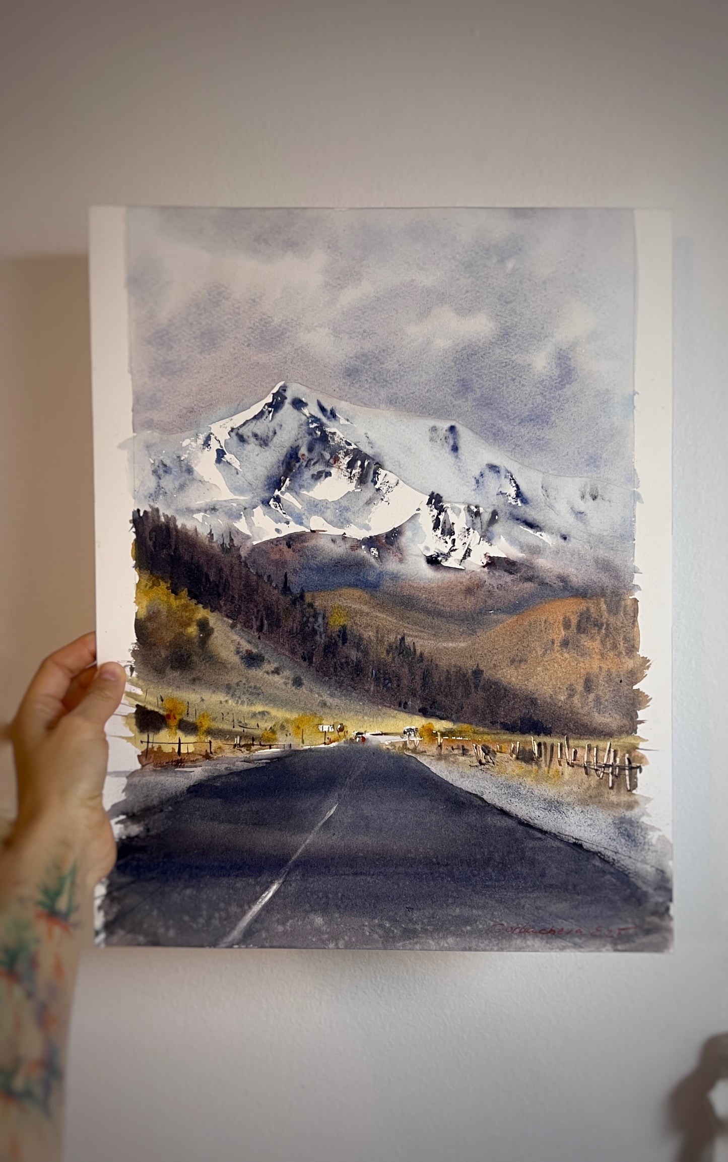 Snowy Mountain Road Watercolor Painting, Winter Landscape Painting, Road to the Clouds   10x16 (Copy)