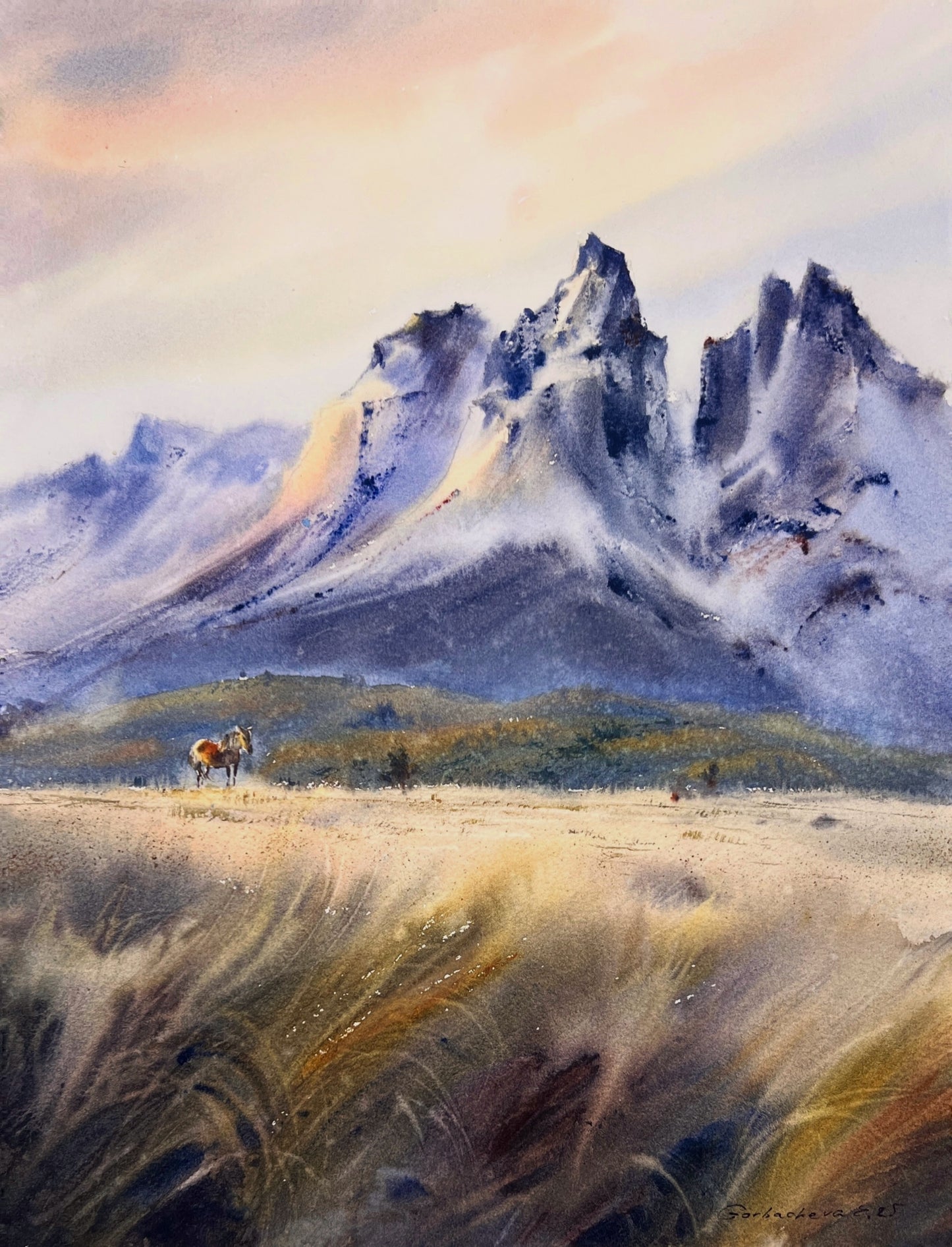 Original Mountain Landscape Watercolor Painting, Horse in High Grass Field Art, Where the Wind Runs Free 12x16