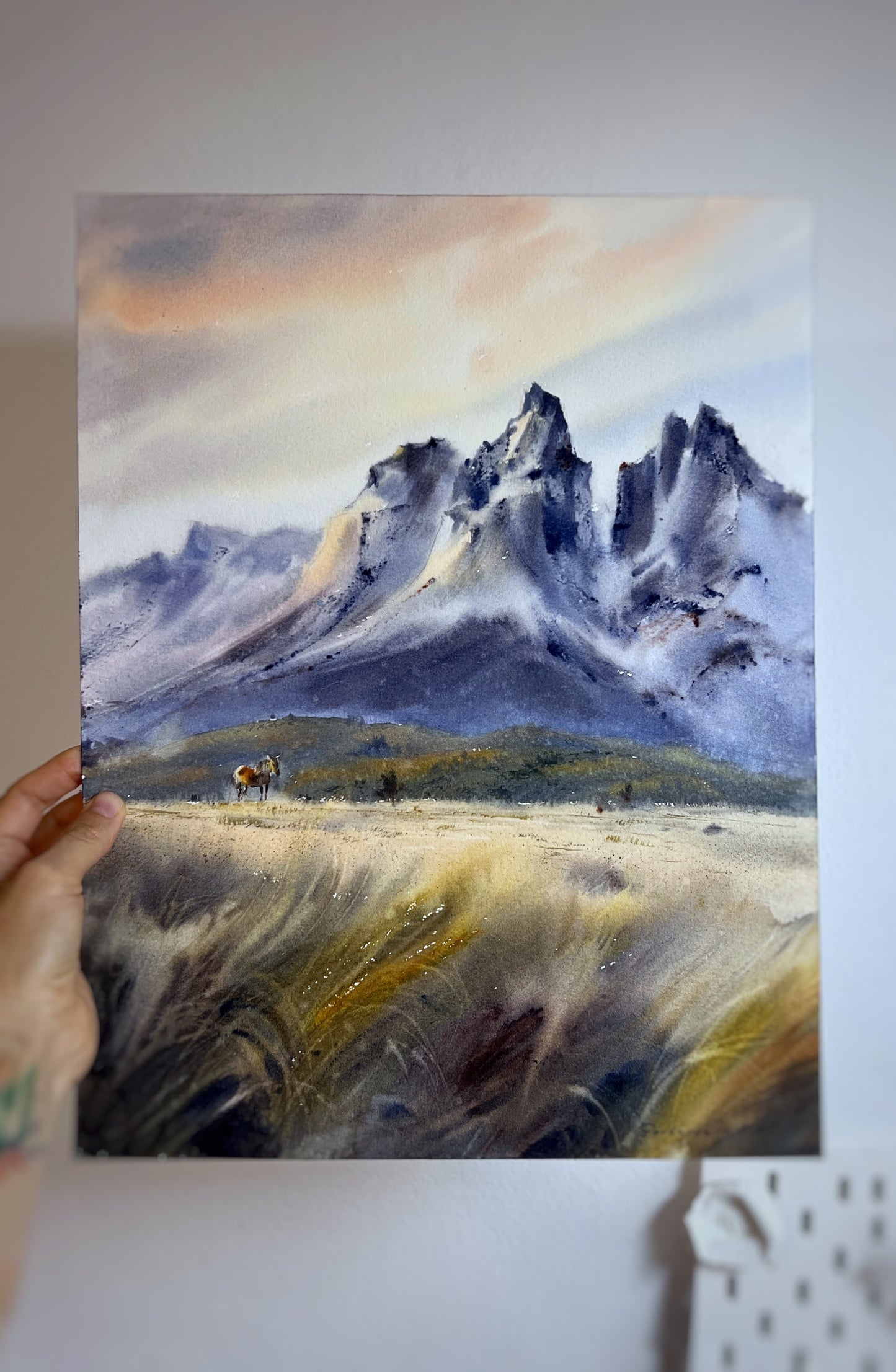 Original Mountain Landscape Watercolor Painting, Horse in High Grass Field Art, Where the Wind Runs Free 12x16