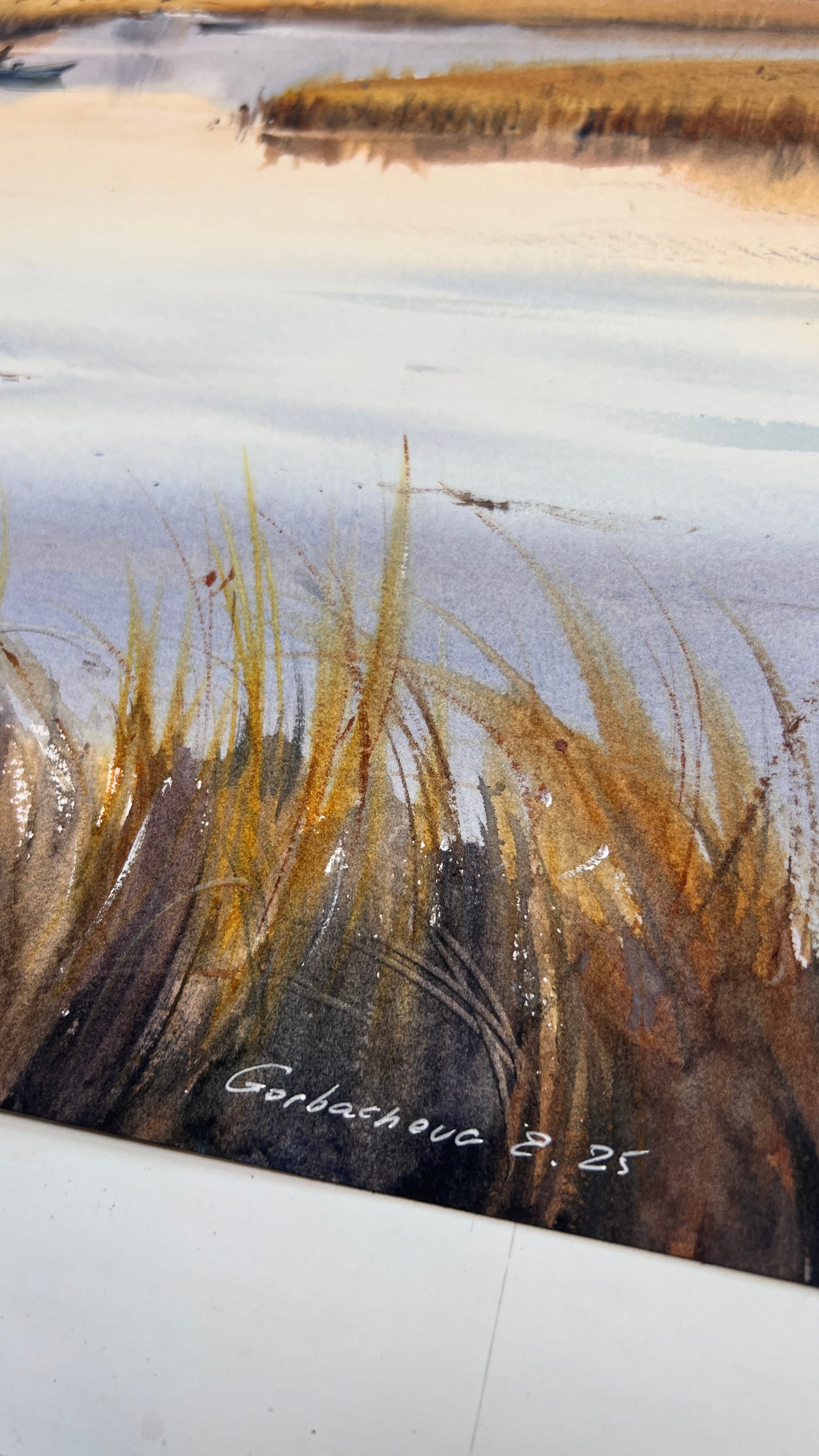 Original Watercolor Marsh Landscape Painting,River Scene with Boat and Mountains,Reflections in a quiet lake 11x16 in