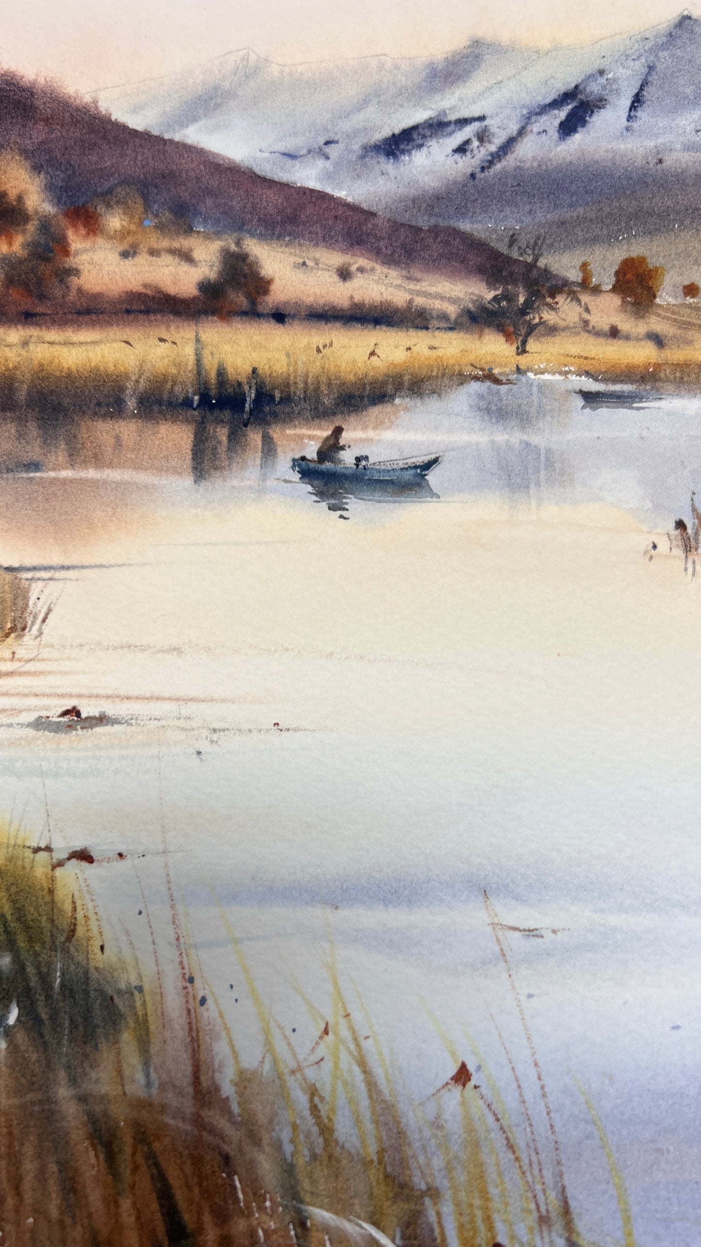 Original Watercolor Marsh Landscape Painting,River Scene with Boat and Mountains,Reflections in a quiet lake 11x16 in