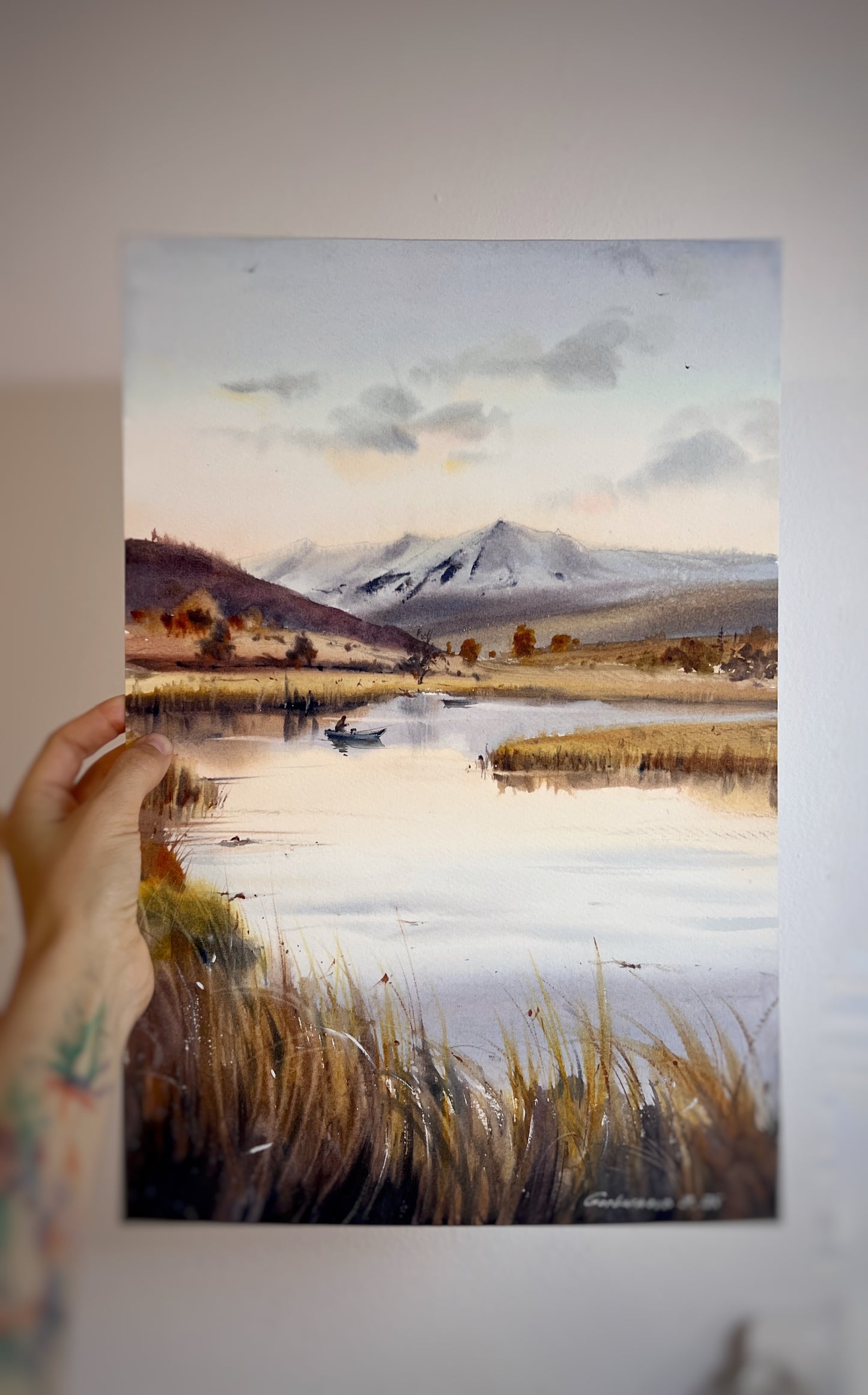 Original Watercolor Marsh Landscape Painting,River Scene with Boat and Mountains,Reflections in a quiet lake 11x16 in