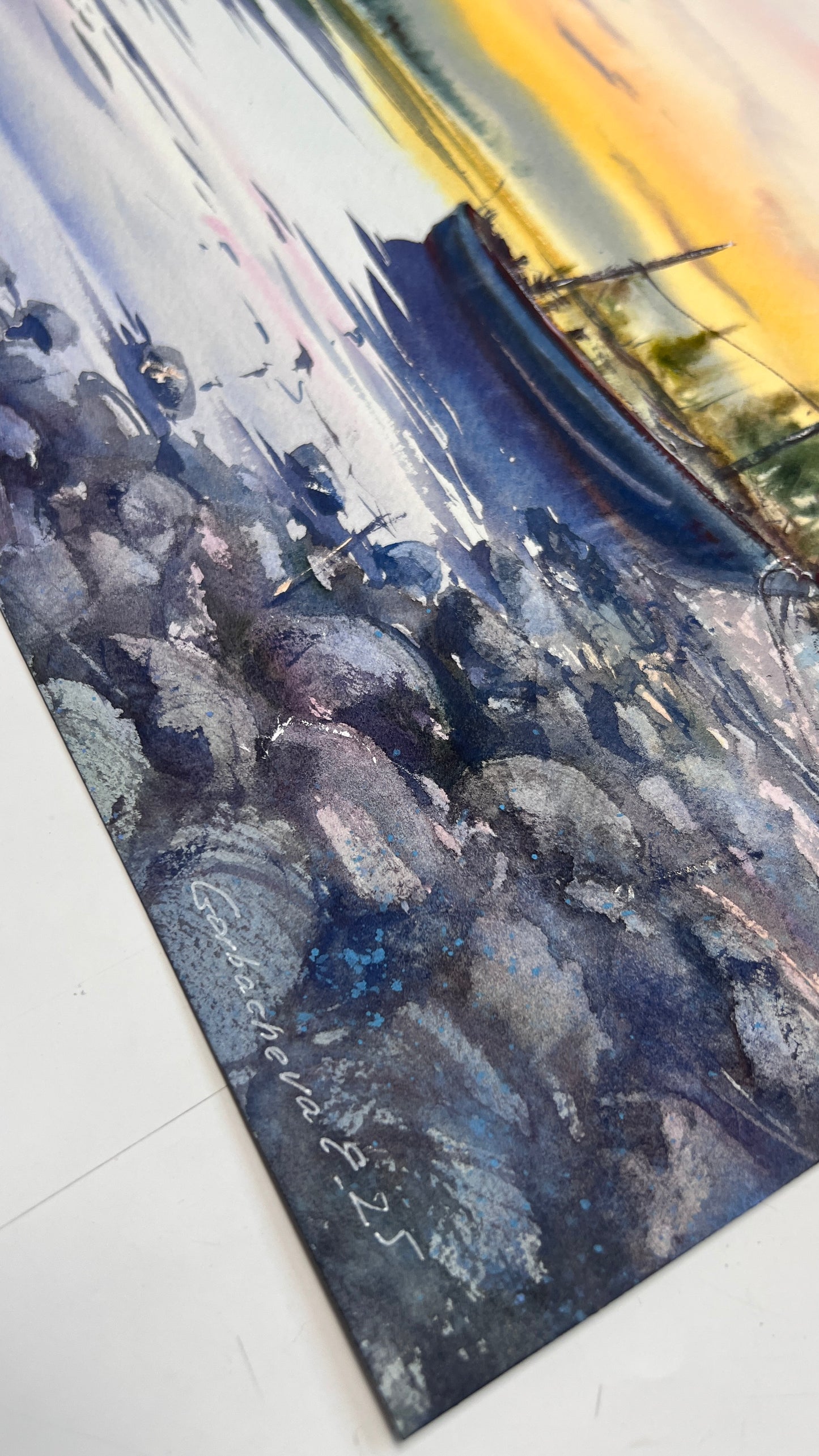 Sunset Lake Watercolor Painting, Original Boat Landscape Art, A lonely boat at sunset  12x16