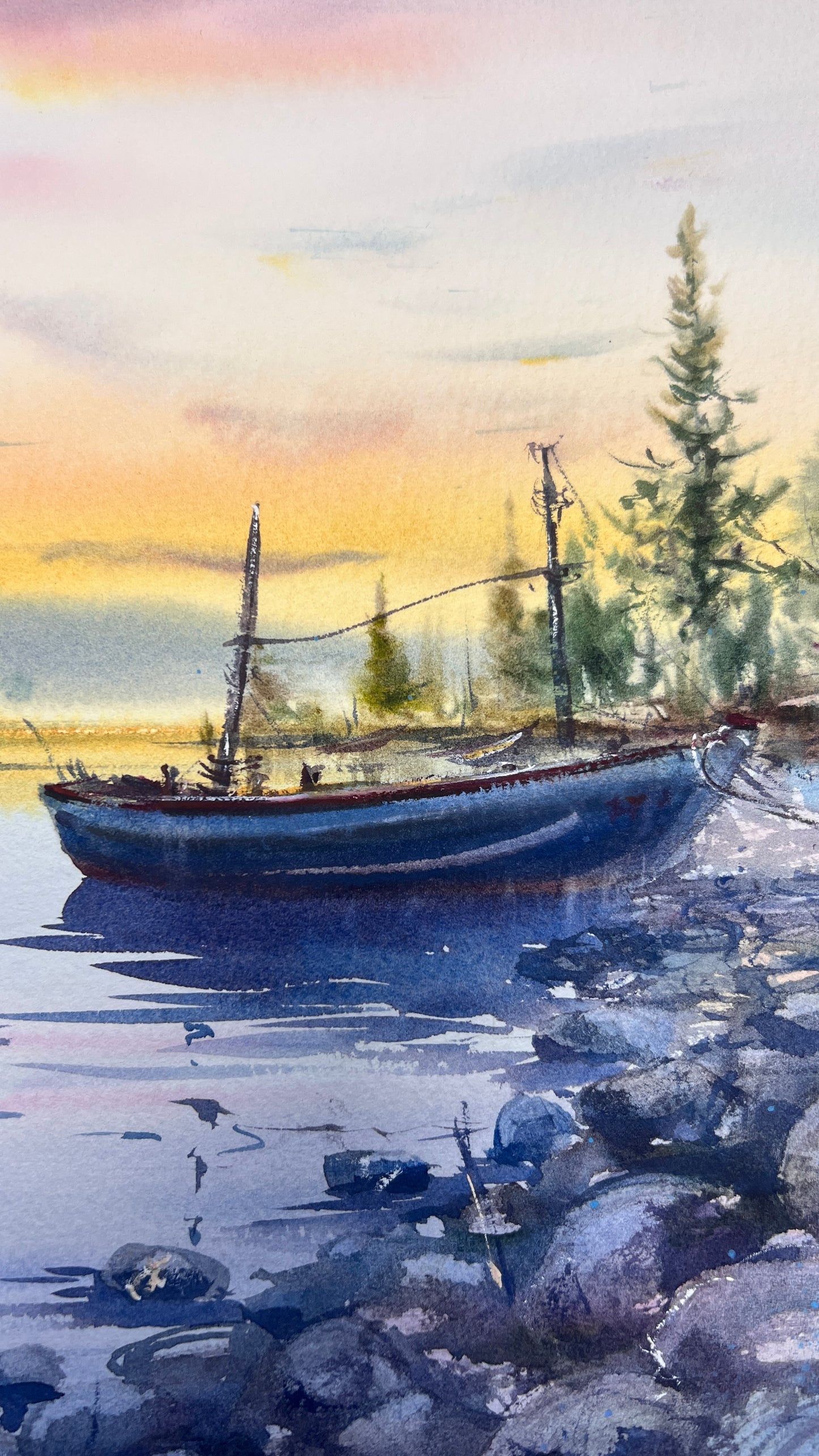 Sunset Lake Watercolor Painting, Original Boat Landscape Art, A lonely boat at sunset  12x16