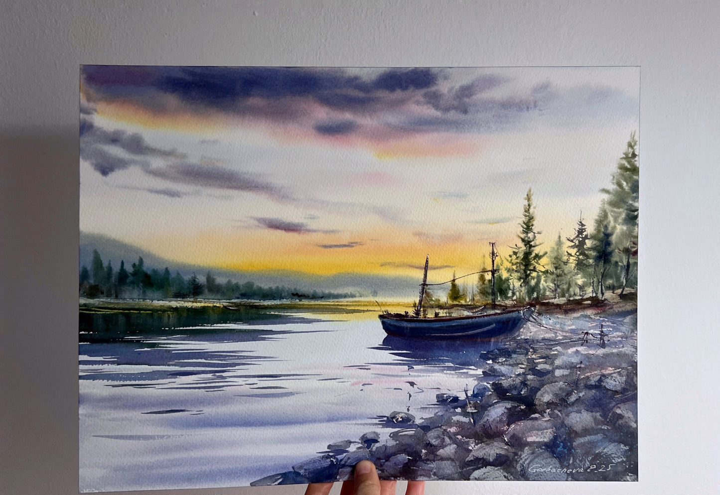 Sunset Lake Watercolor Painting, Original Boat Landscape Art, A lonely boat at sunset  12x16