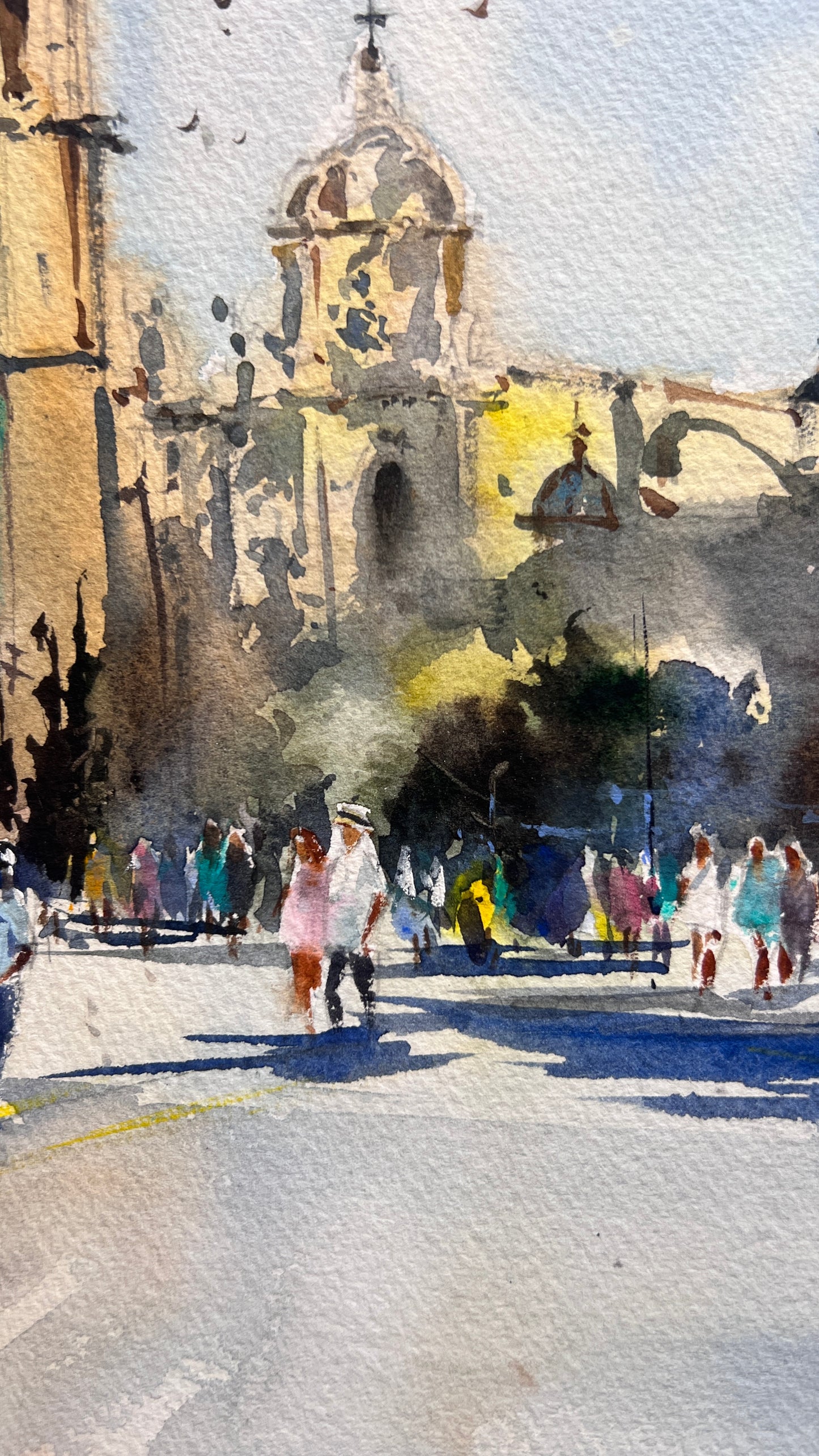 Original Valencia Spain Painting, Plaza de la Reina Watercolor Art, Light on the Reina 12х16
