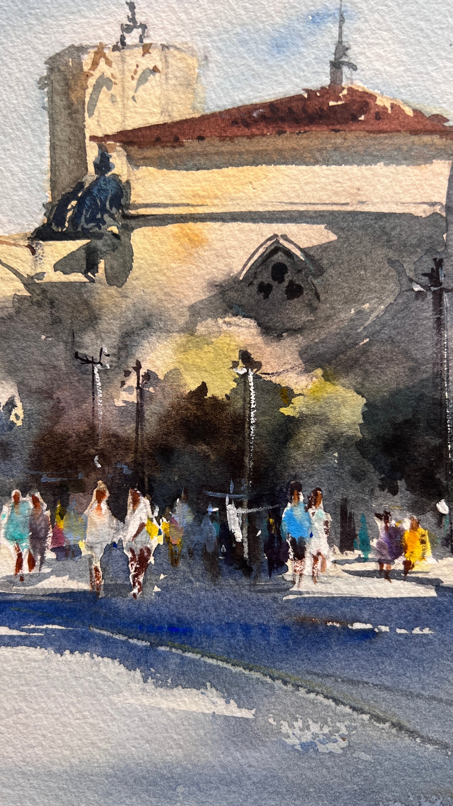 Original Valencia Spain Painting, Plaza de la Reina Watercolor Art, Light on the Reina 12х16