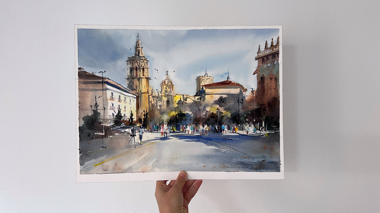 Original Valencia Spain Painting, Plaza de la Reina Watercolor Art, Light on the Reina 12х16