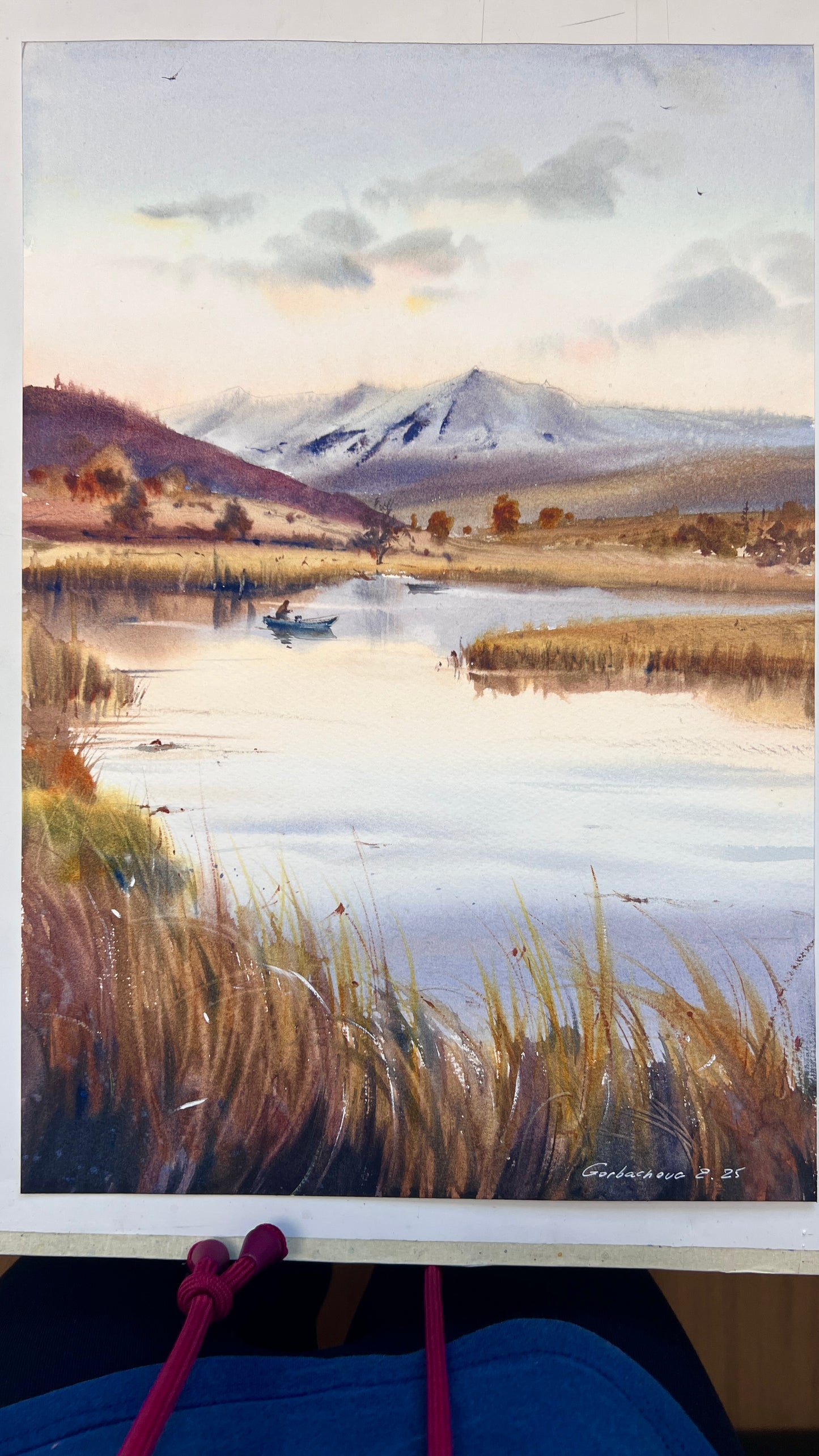 Original Watercolor Marsh Landscape Painting,River Scene with Boat and Mountains,Reflections in a quiet lake 11x16 in