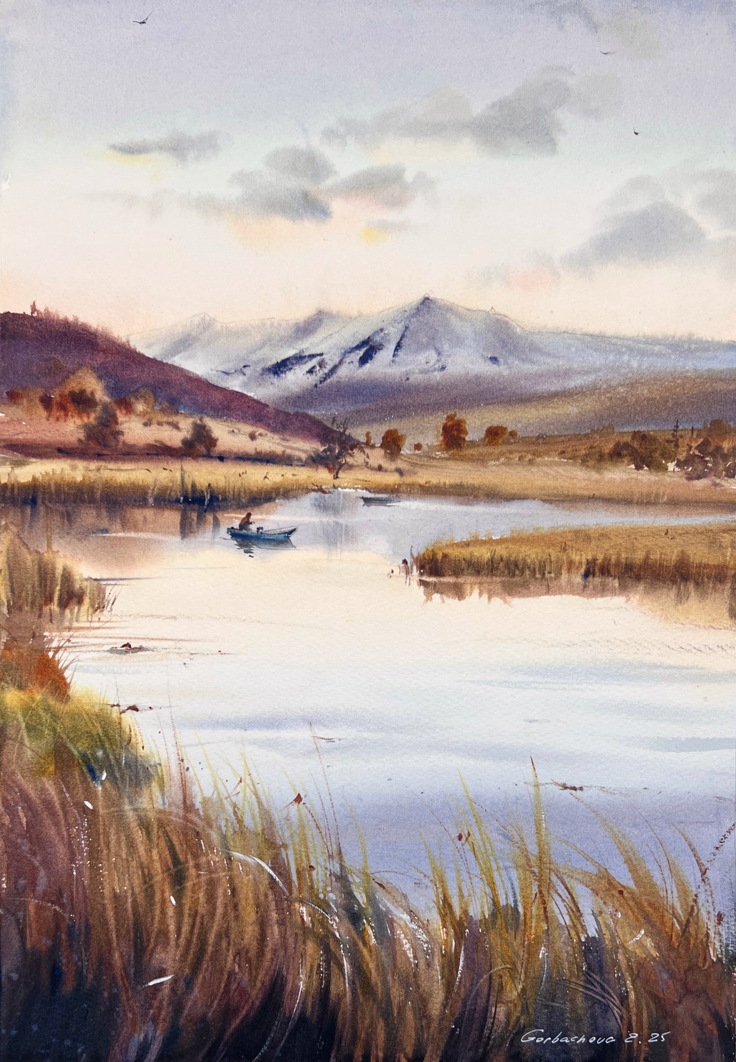 Original Watercolor Marsh Landscape Painting,River Scene with Boat and Mountains,Reflections in a quiet lake 11x16 in