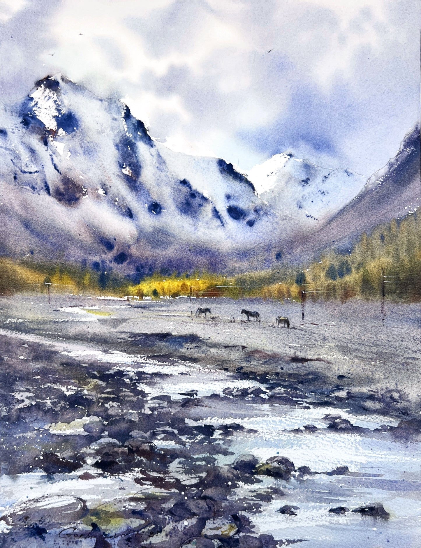 Original Watercolor Art, Snowy Mountain Landscape Painting,Where Rivers Begin 12x16