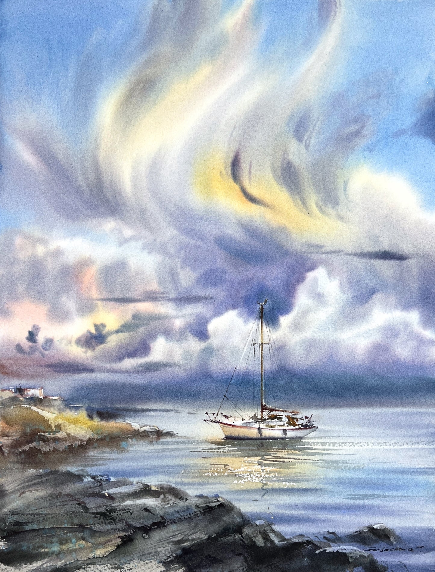 Dreamy Sailboat Watercolor Painting, Coastal Seascape Art, Ocean Sky Landscape, Yacht under the sea skies 12x16