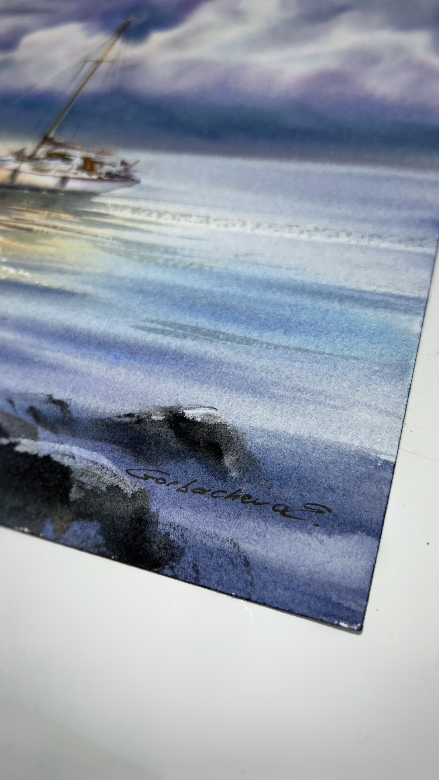 Dreamy Sailboat Watercolor Painting, Coastal Seascape Art, Ocean Sky Landscape, Yacht under the sea skies 12x16
