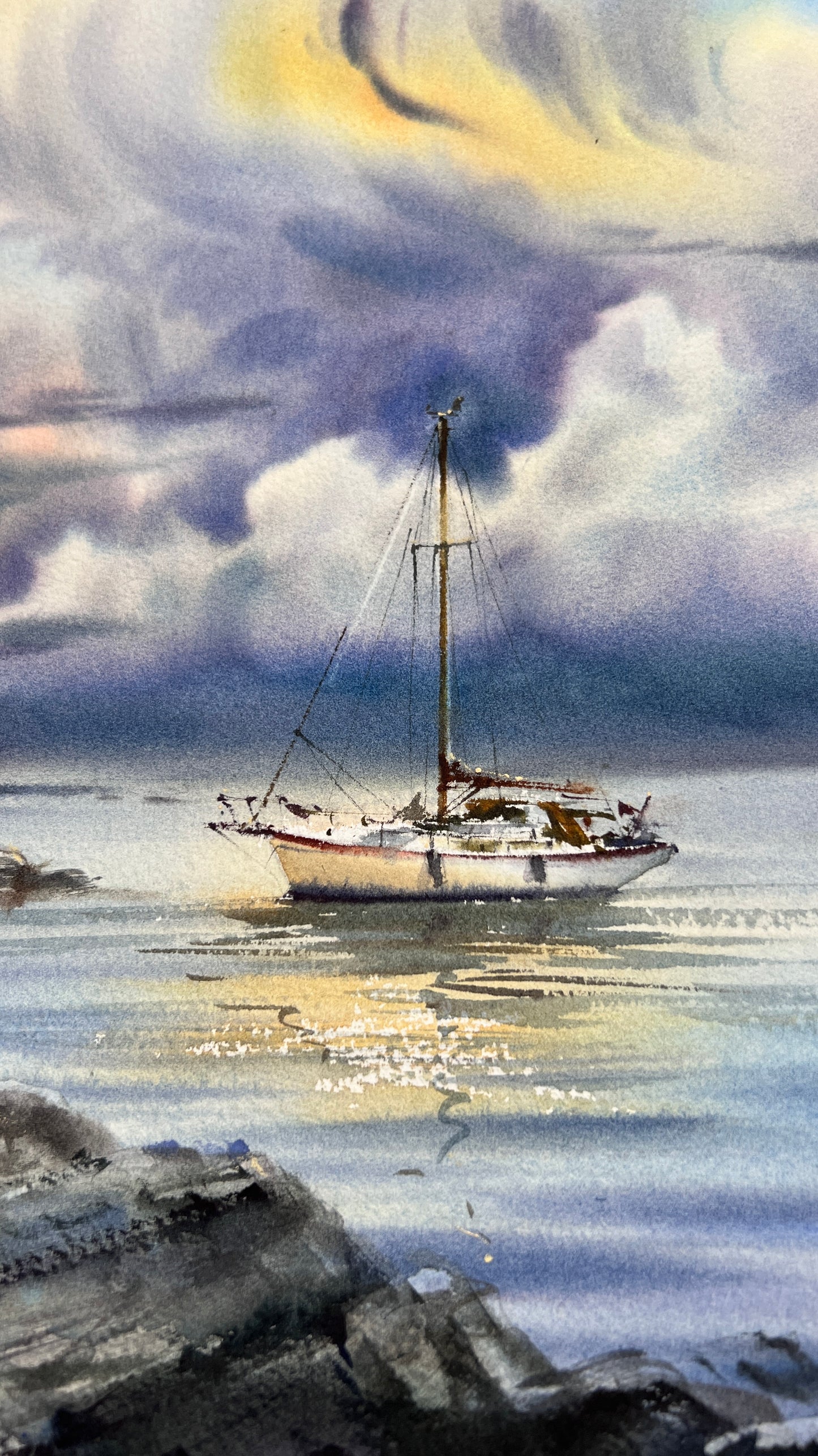 Dreamy Sailboat Watercolor Painting, Coastal Seascape Art, Ocean Sky Landscape, Yacht under the sea skies 12x16