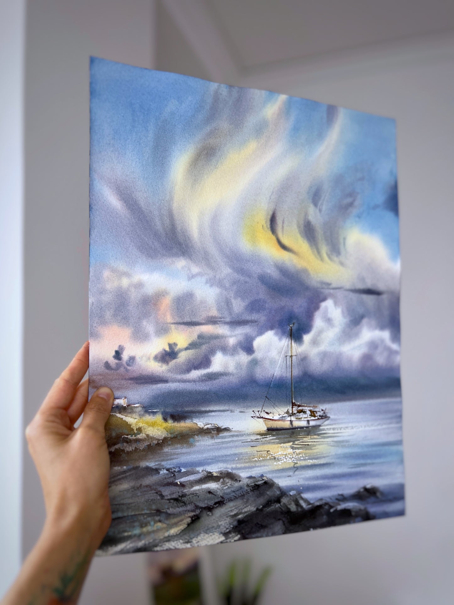 Dreamy Sailboat Watercolor Painting, Coastal Seascape Art, Ocean Sky Landscape, Yacht under the sea skies 12x16
