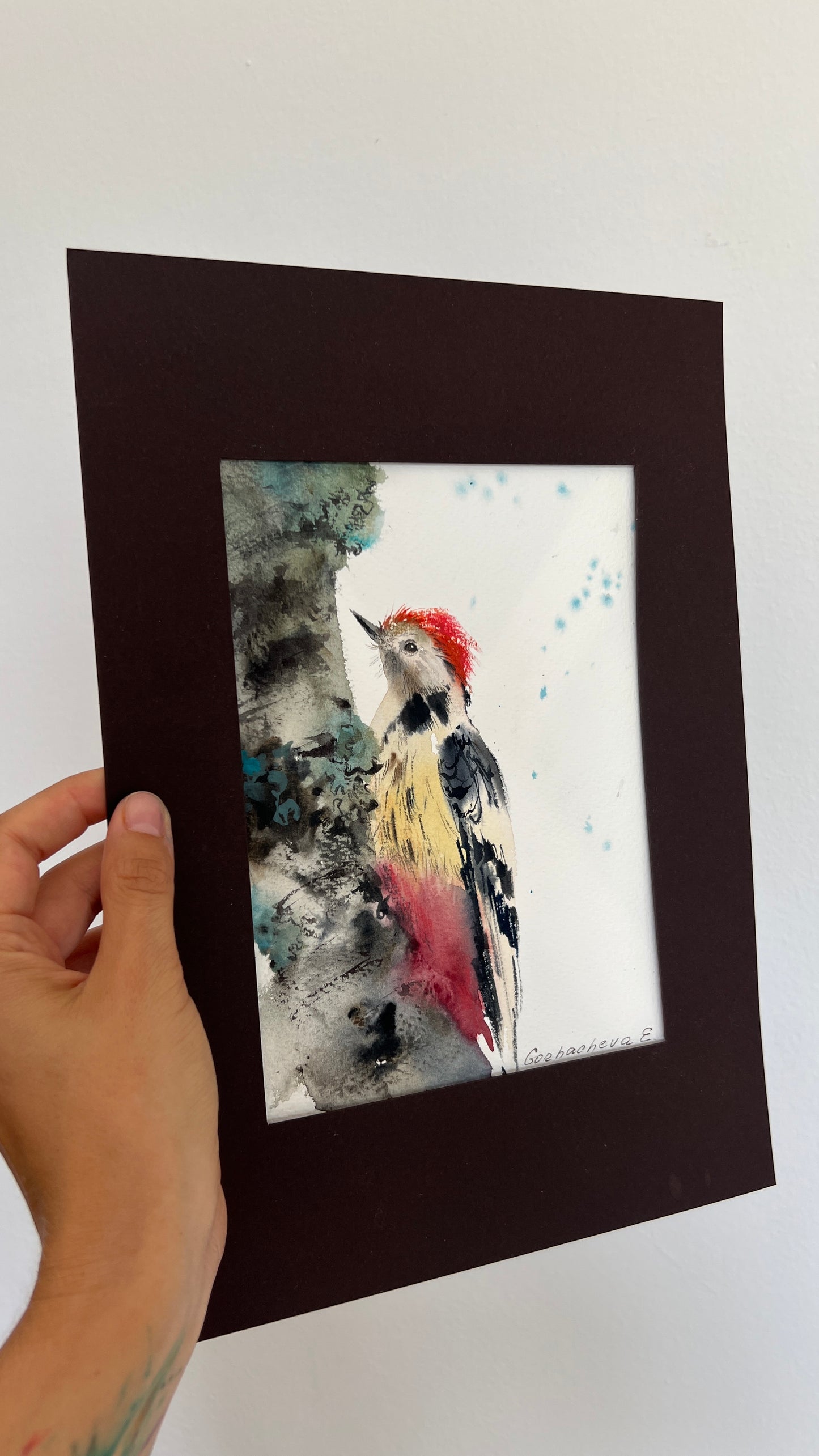 Woodpecker Watercolor Original Painting, Small Artwork, Wildlife Illustration, Gift For Mom, Living Room Wall Art