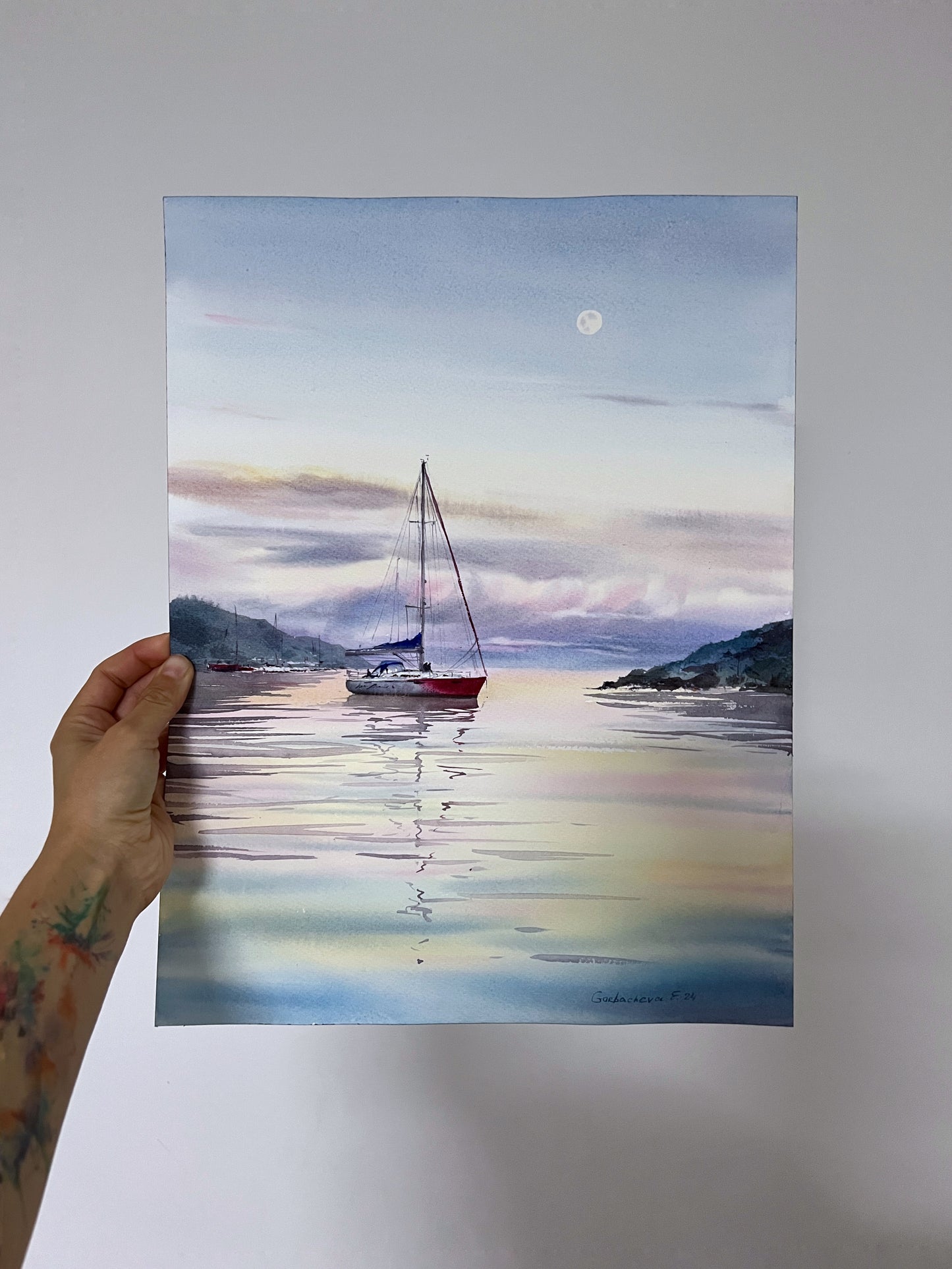 Painting Original, Sail Boat Watercolor - Yacht and Pink Dawn