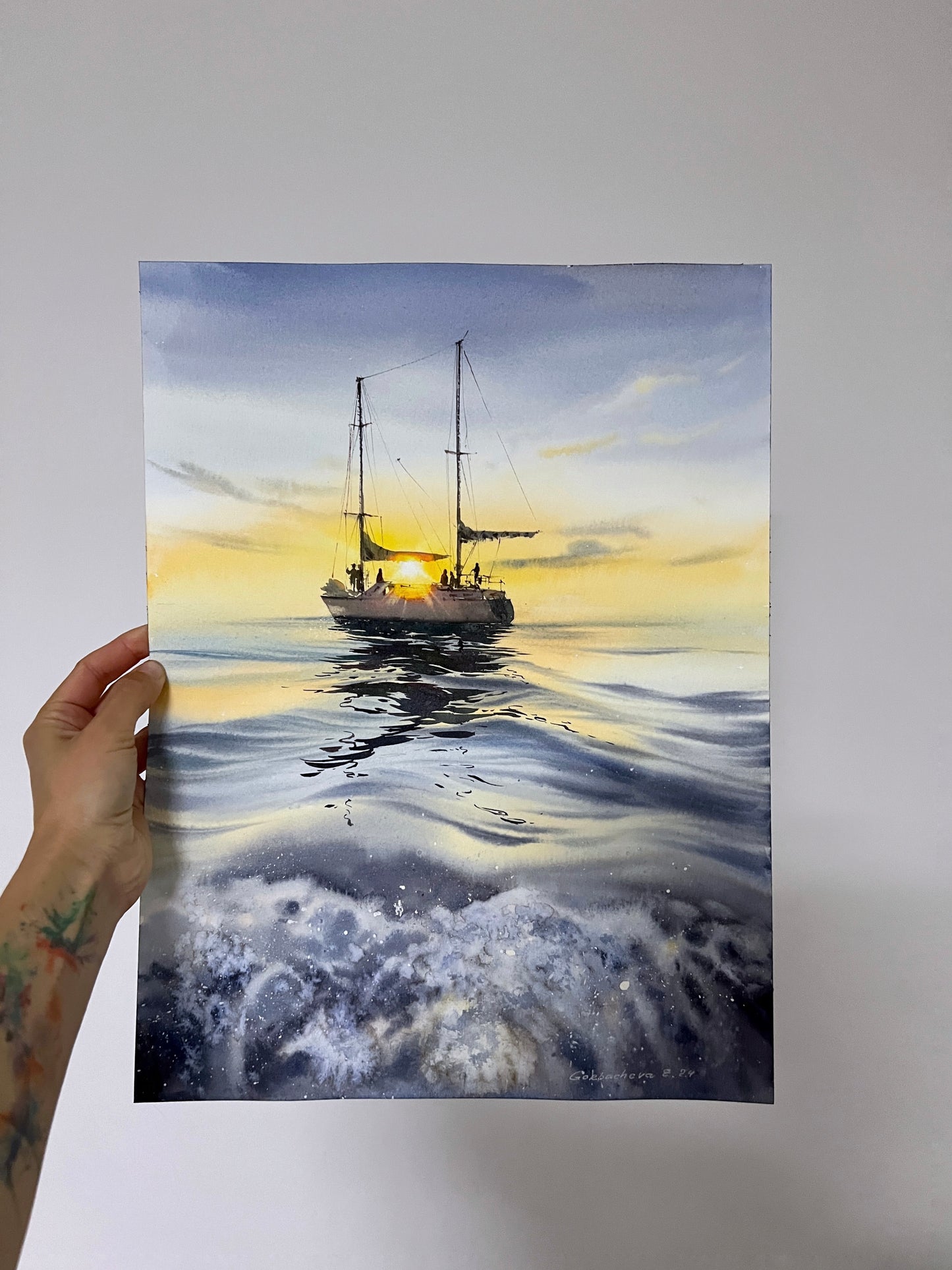Nautical Watercolor Original Painting "Yacht at Sunset #14"