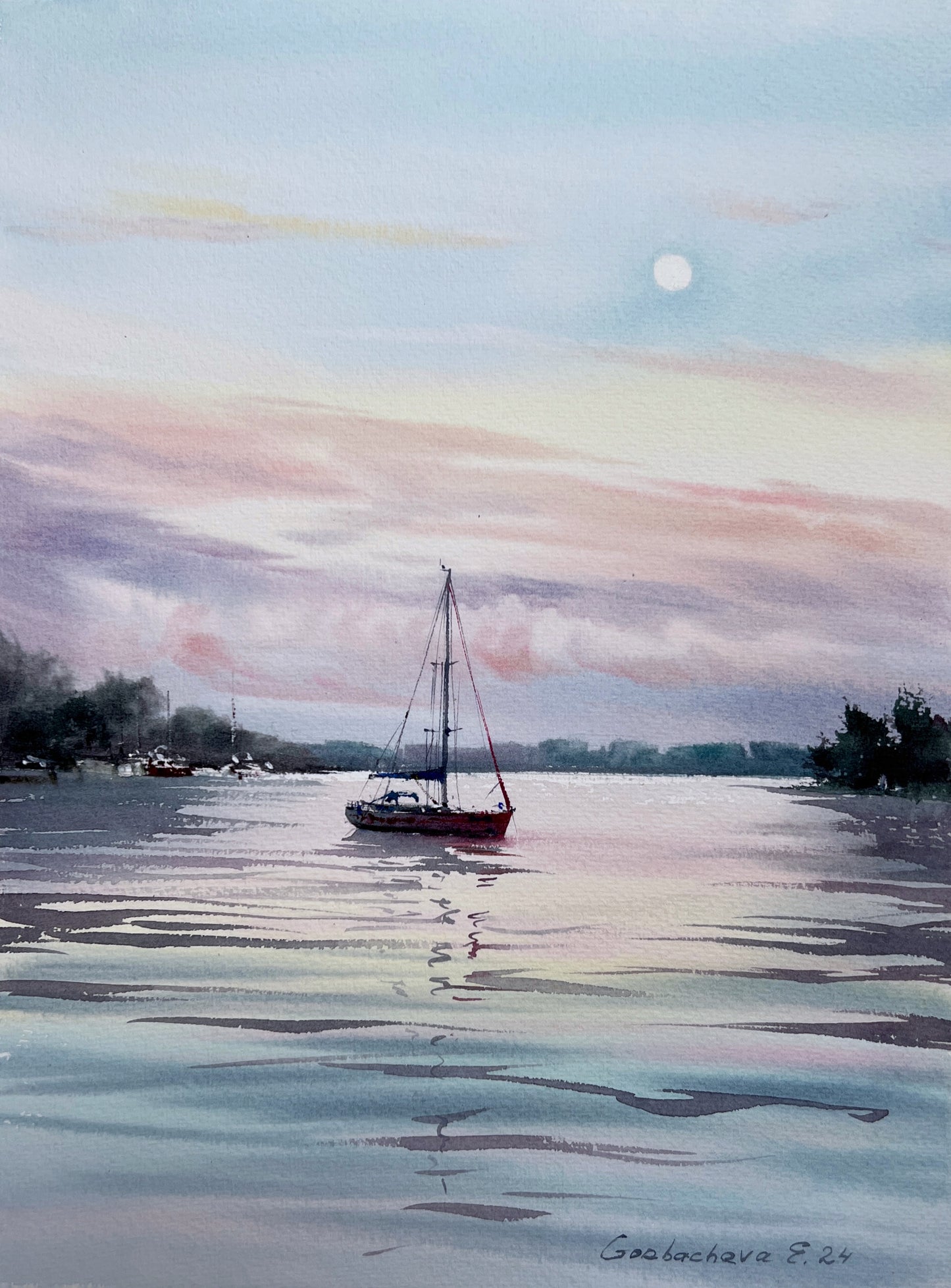 Sailboat Painting Original, Watercolour Seascape - Yacht and Pink Dawn #2