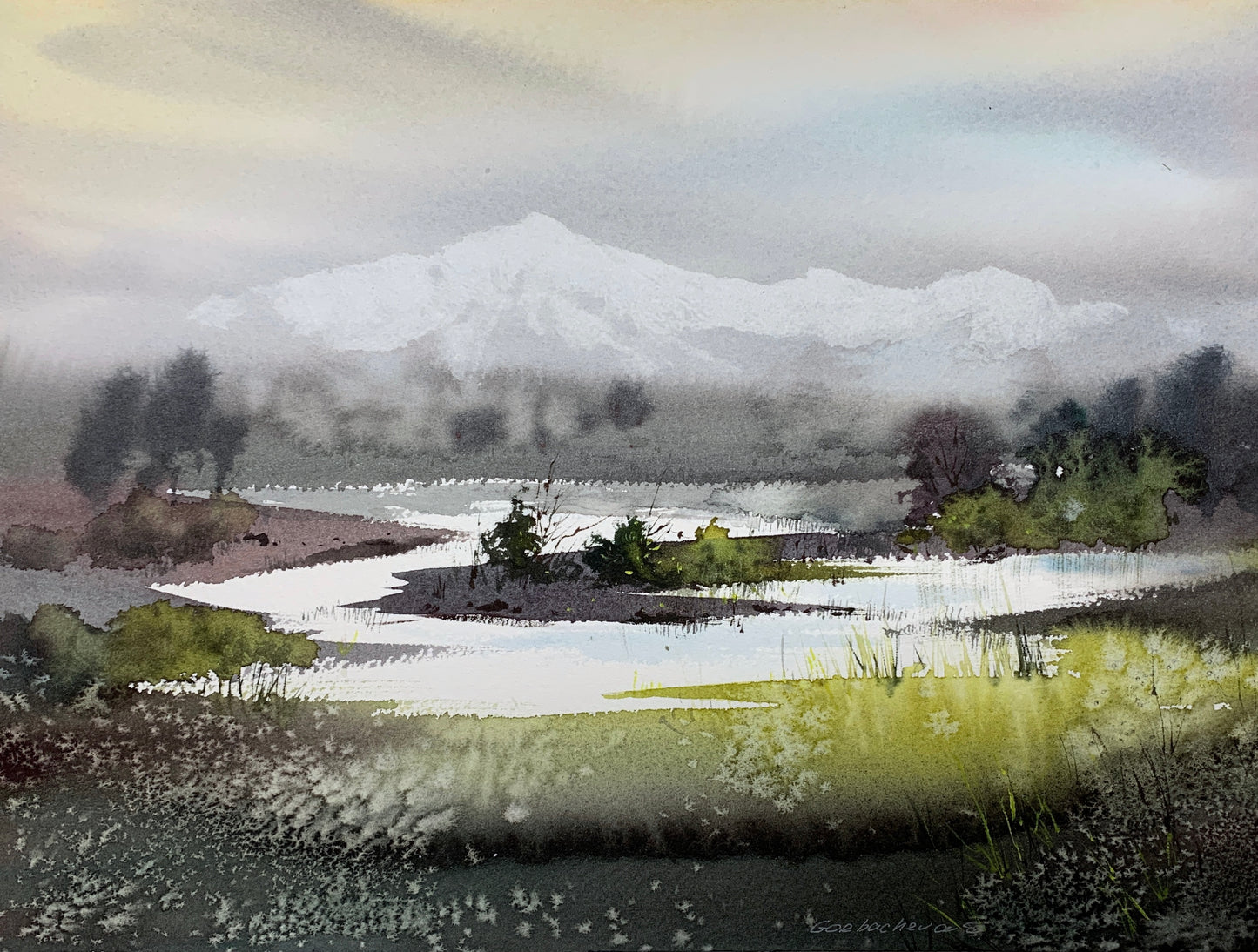 Misty Mountain Lake Watercolor Painting, River in the valley #2 9x12