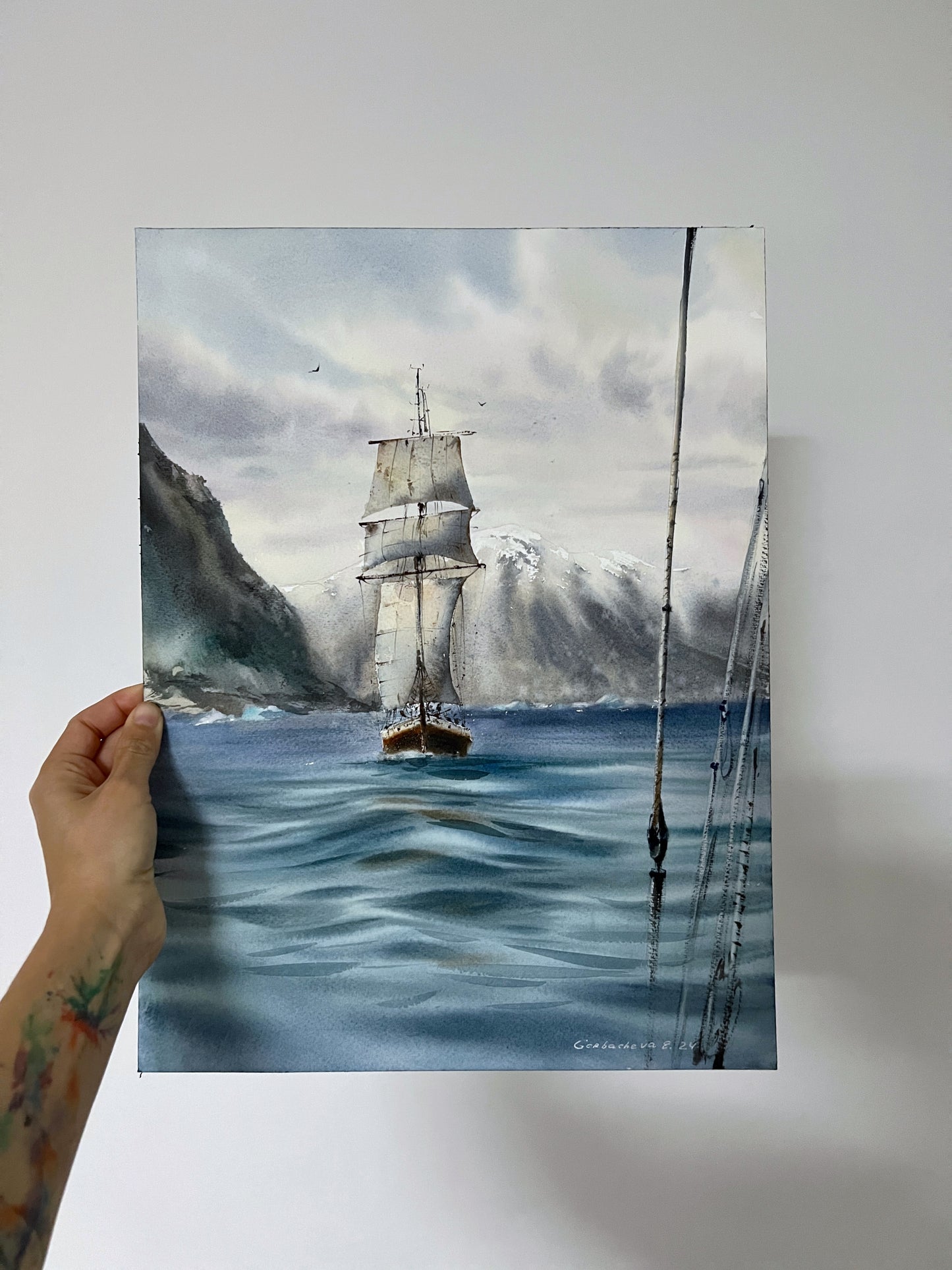 Arctic Painting Original Watercolor, Seascape with Sailing Ship - Greenland #7