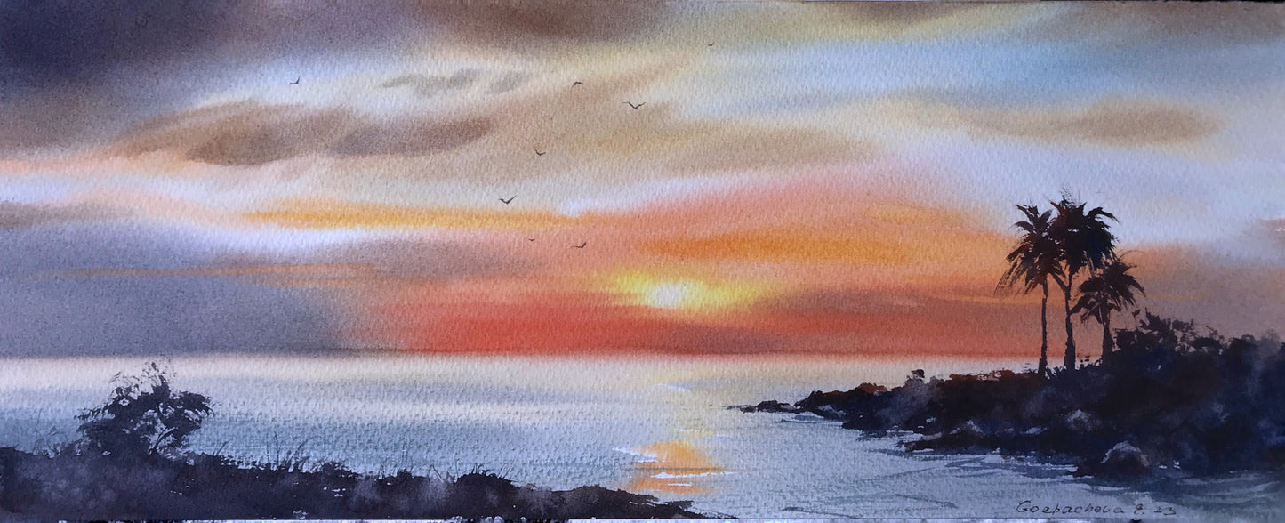 Original Watercolor Coastal Landscape with Palm Trees, Marine Landscape, Cyprus Seine Maritime Artwork, Sunset