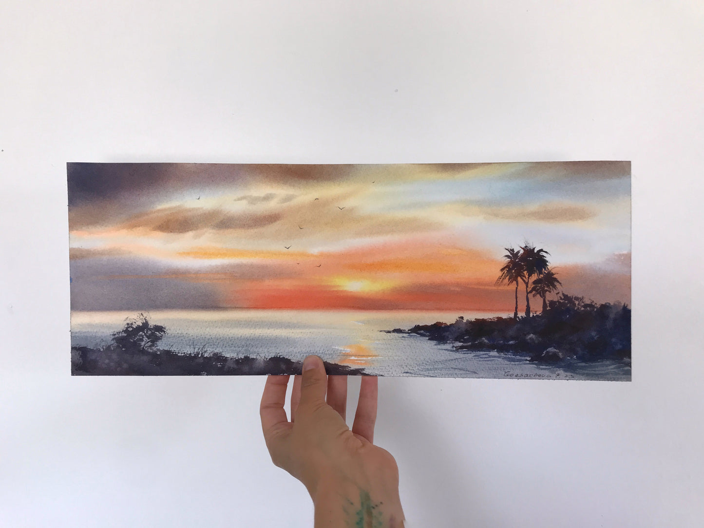 Original Watercolor Coastal Landscape with Palm Trees, Marine Landscape, Cyprus Seine Maritime Artwork, Sunset