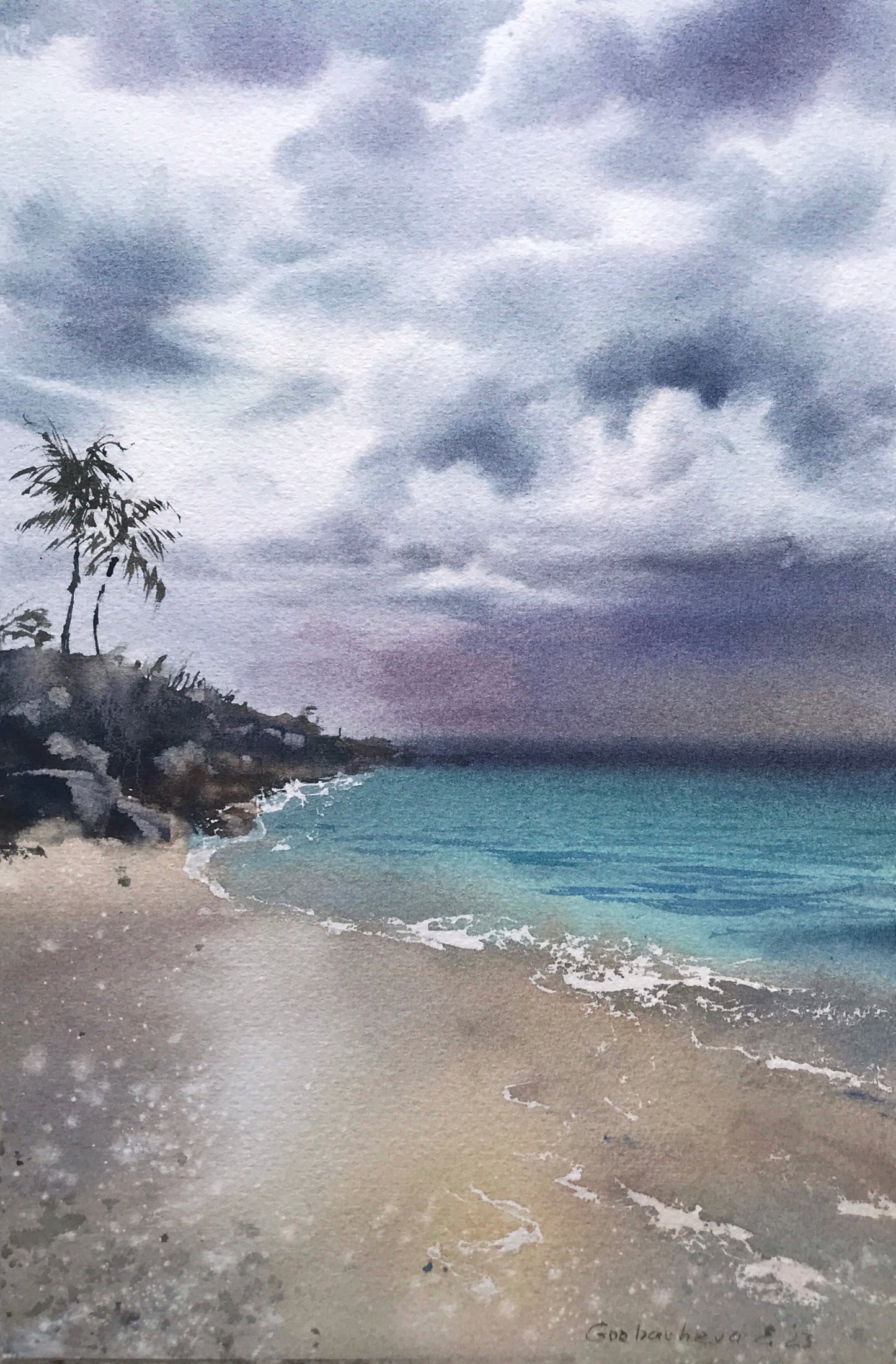 Original Palm Tree Painting, Small Watercolor, Coastal Beach House Art Wall Decor on Door Painting, Storm Clouds