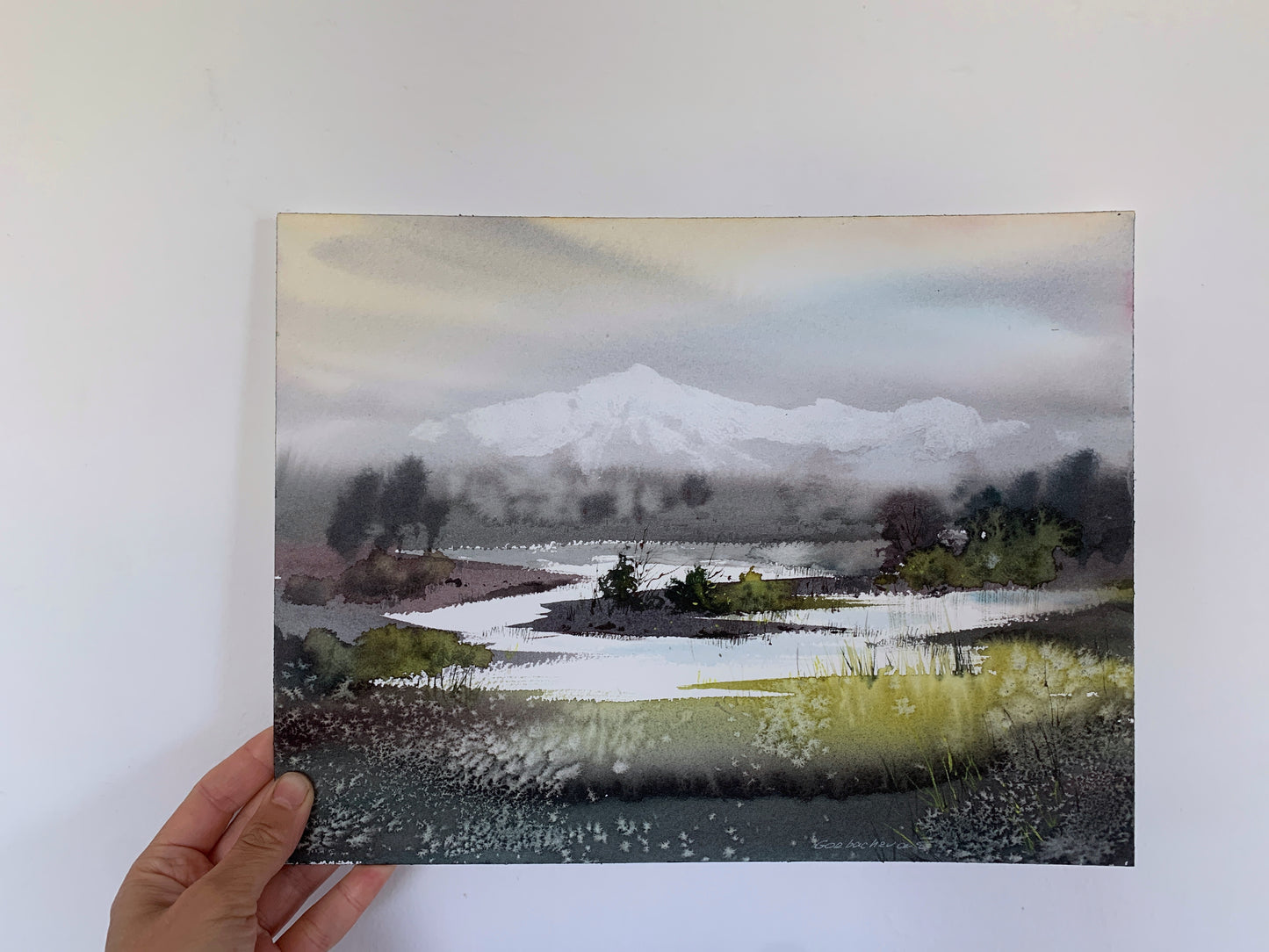 Misty Mountain Lake Watercolor Painting, River in the valley #2 9x12