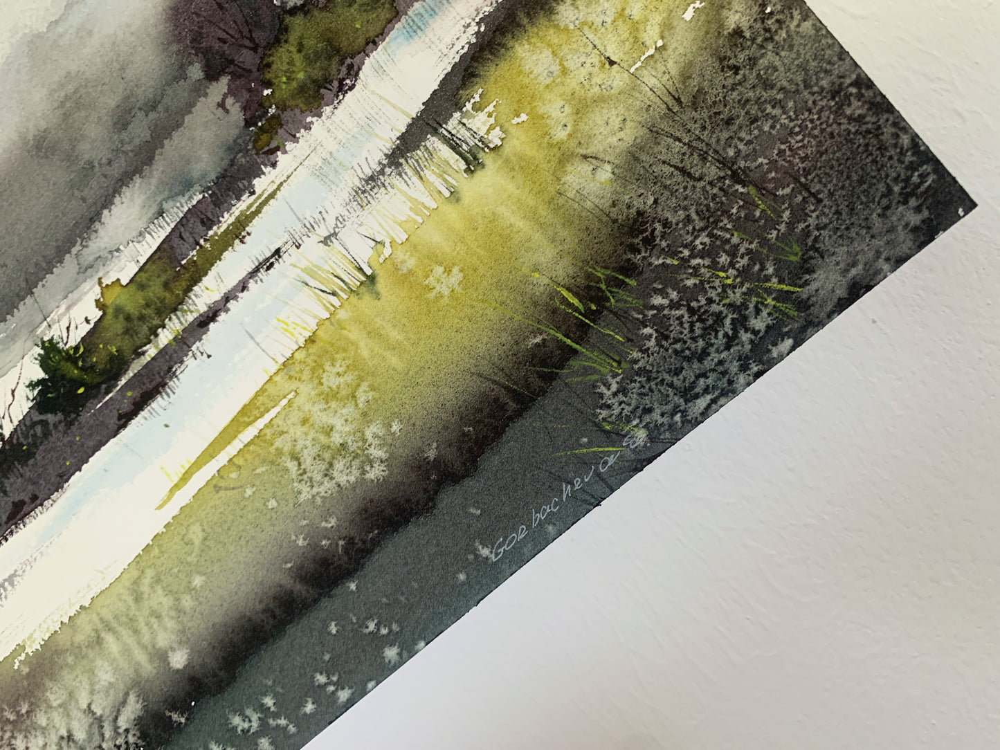 Misty Mountain Lake Watercolor Painting, River in the valley #2 9x12