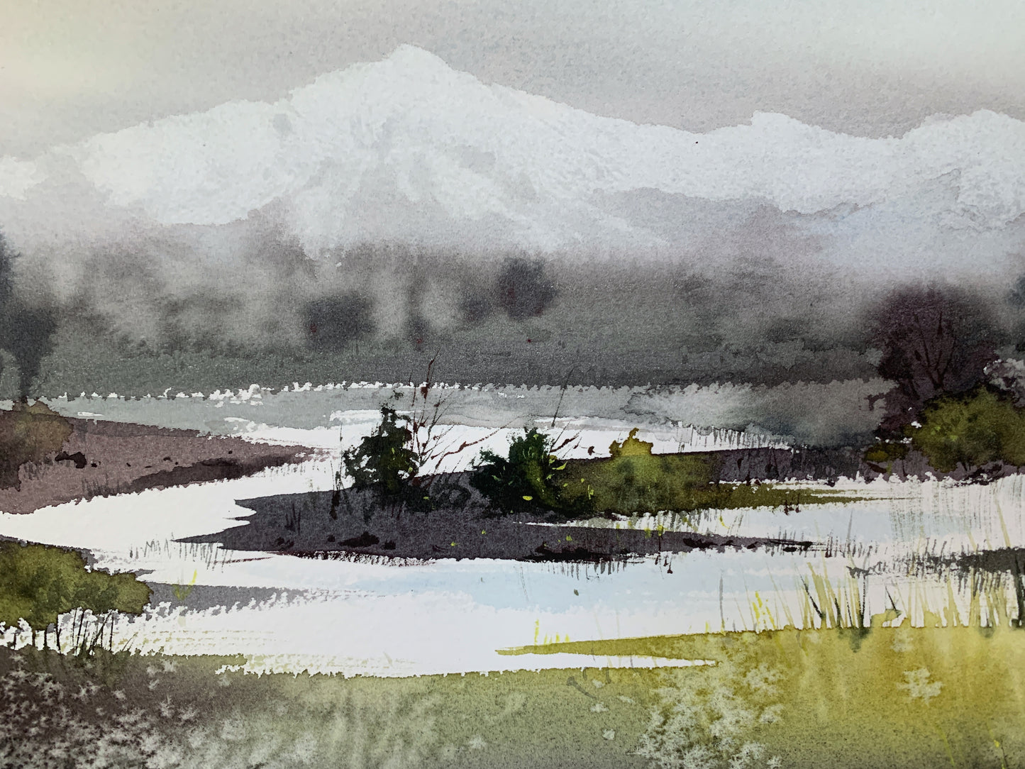 Misty Mountain Lake Watercolor Painting, River in the valley #2 9x12