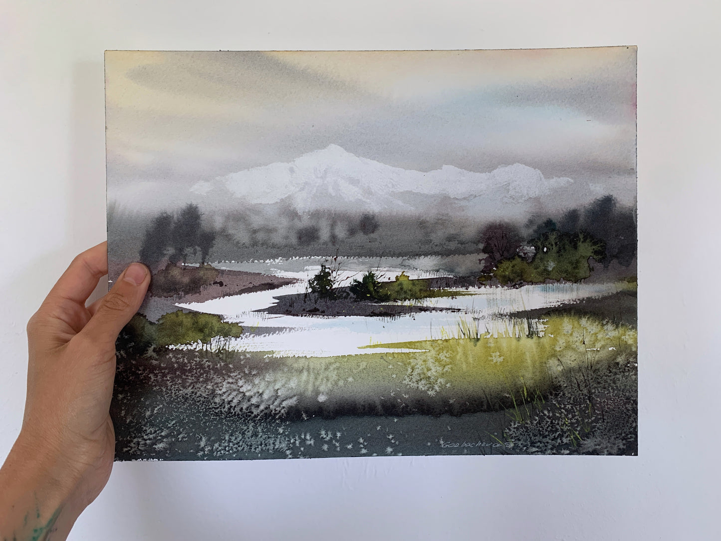 Misty Mountain Lake Watercolor Painting, River in the valley #2 9x12