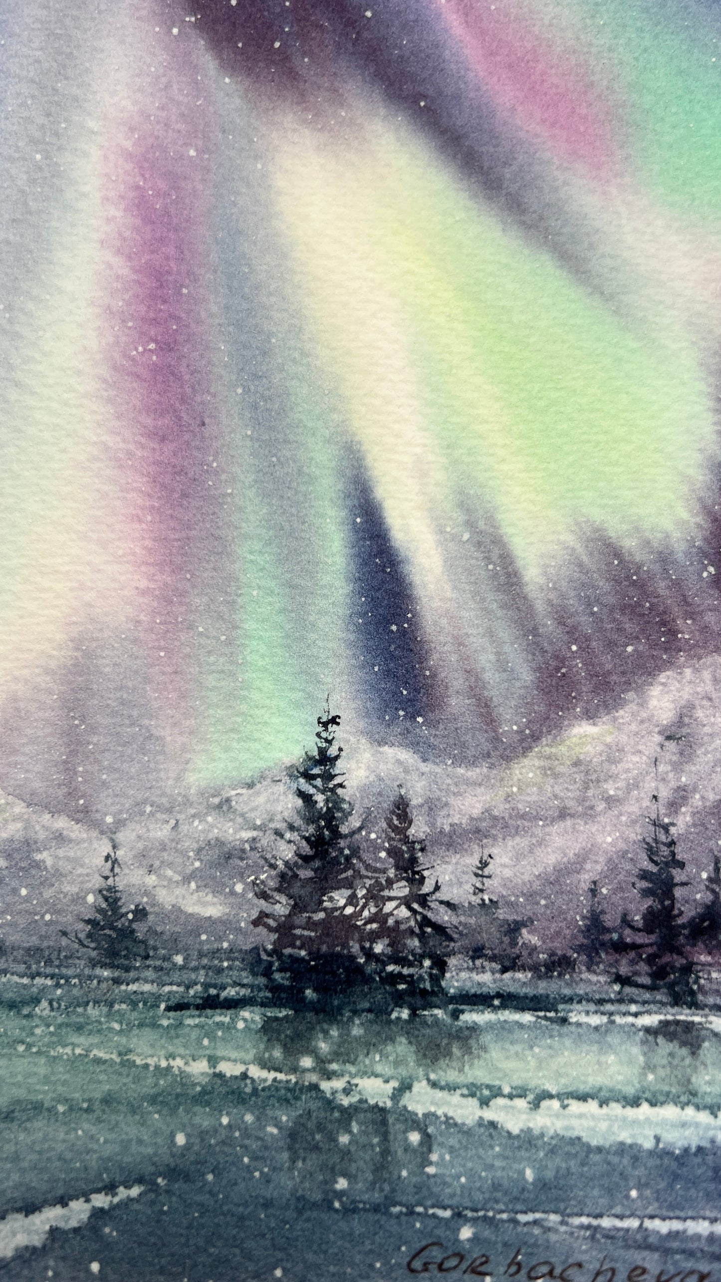 Aurora Painting Original, Watercolor Northern lights, Winter Landscape, Frozen Lake, Norwegian Wall Art, Christmas Gift