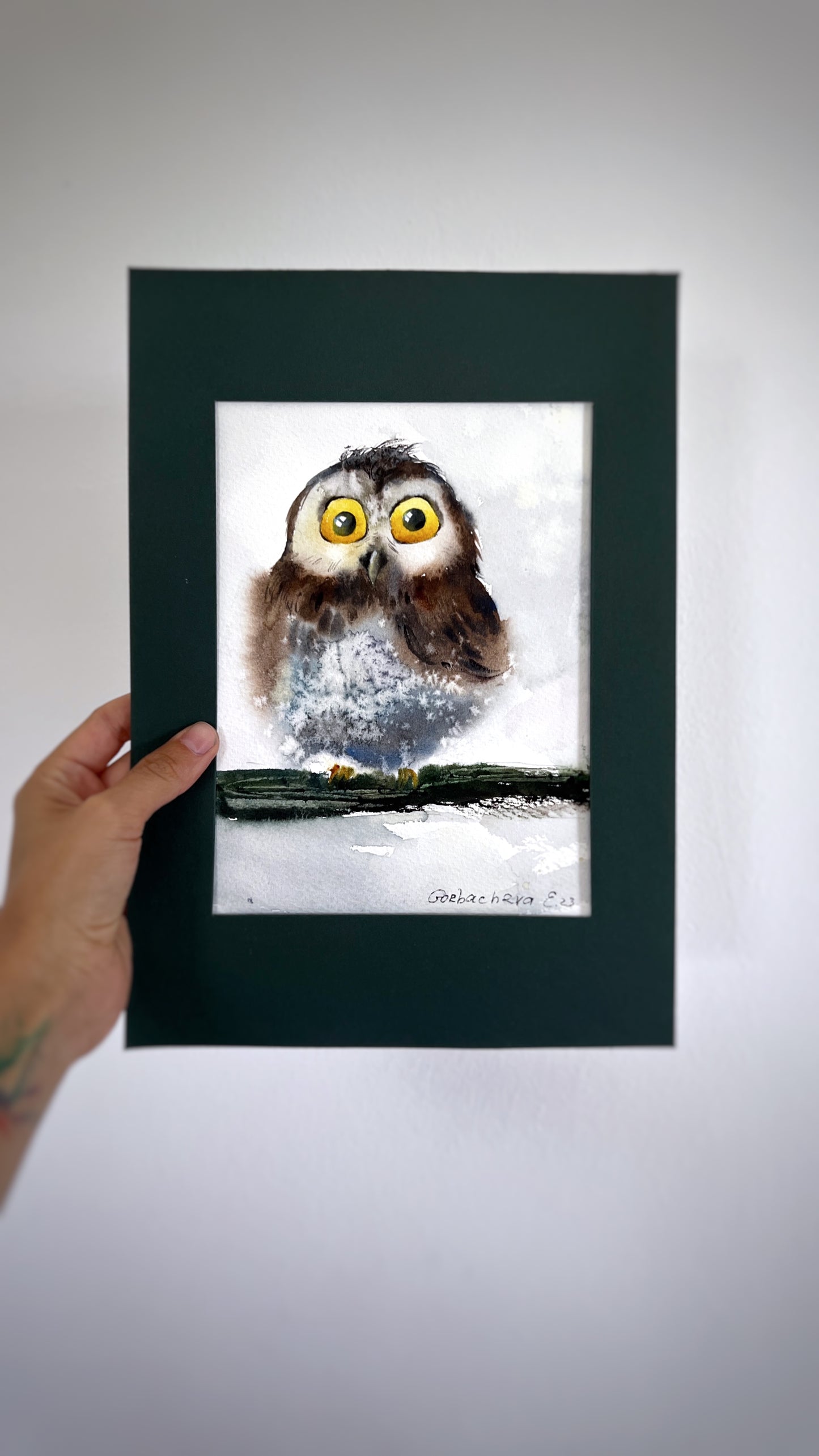 Watercolor Owl - 'Little Owl on a Branch #15', Original Handmade Painting, Ideal Christmas Gift for Home Decor