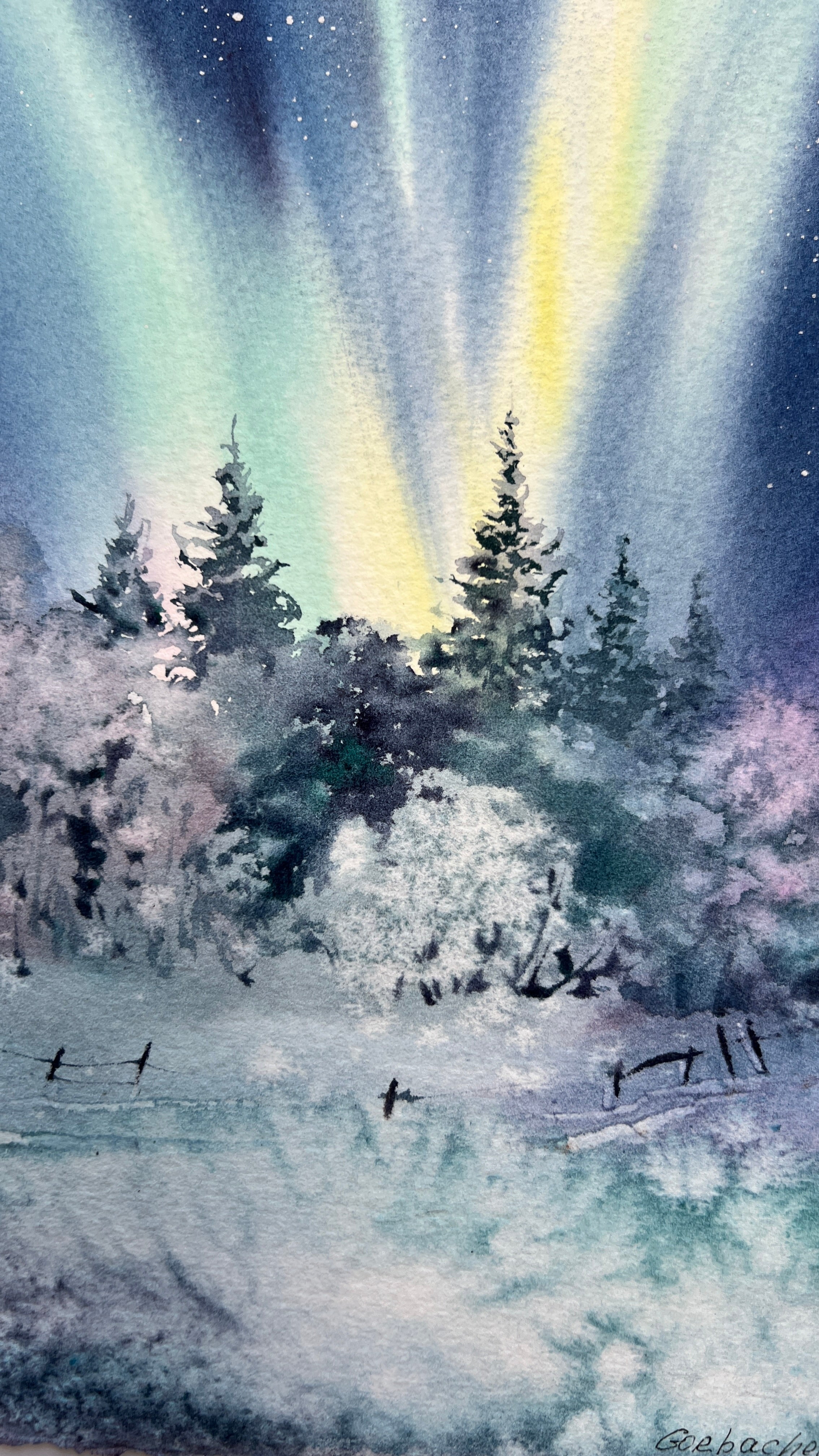 Northern Winter Island - top Original Watercolor