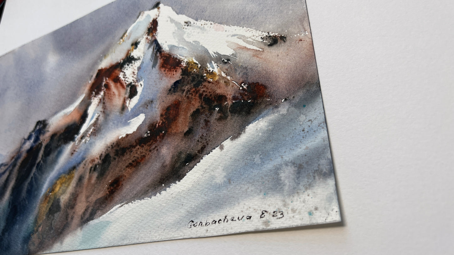 Mountains Painting Original Watercolor Art, Snowy Landscape, Alps Mountains Wall Art 12x7 in, Eugenia Gorbacheva