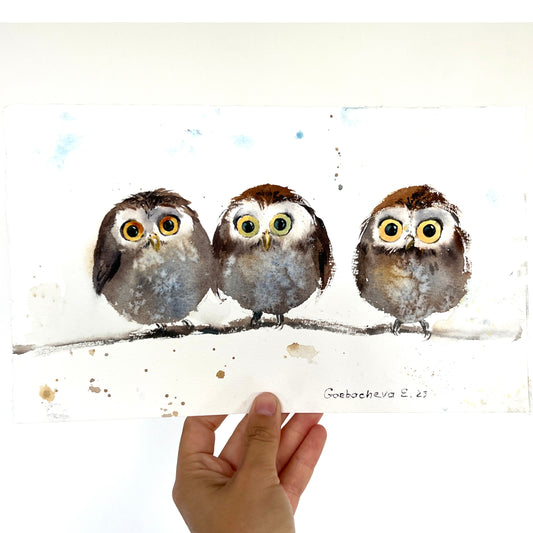 Christmas Owl Painting Original, Small Watercolor Artwork, New Year Gift, Bird Wall Art Decor, Baby Owls