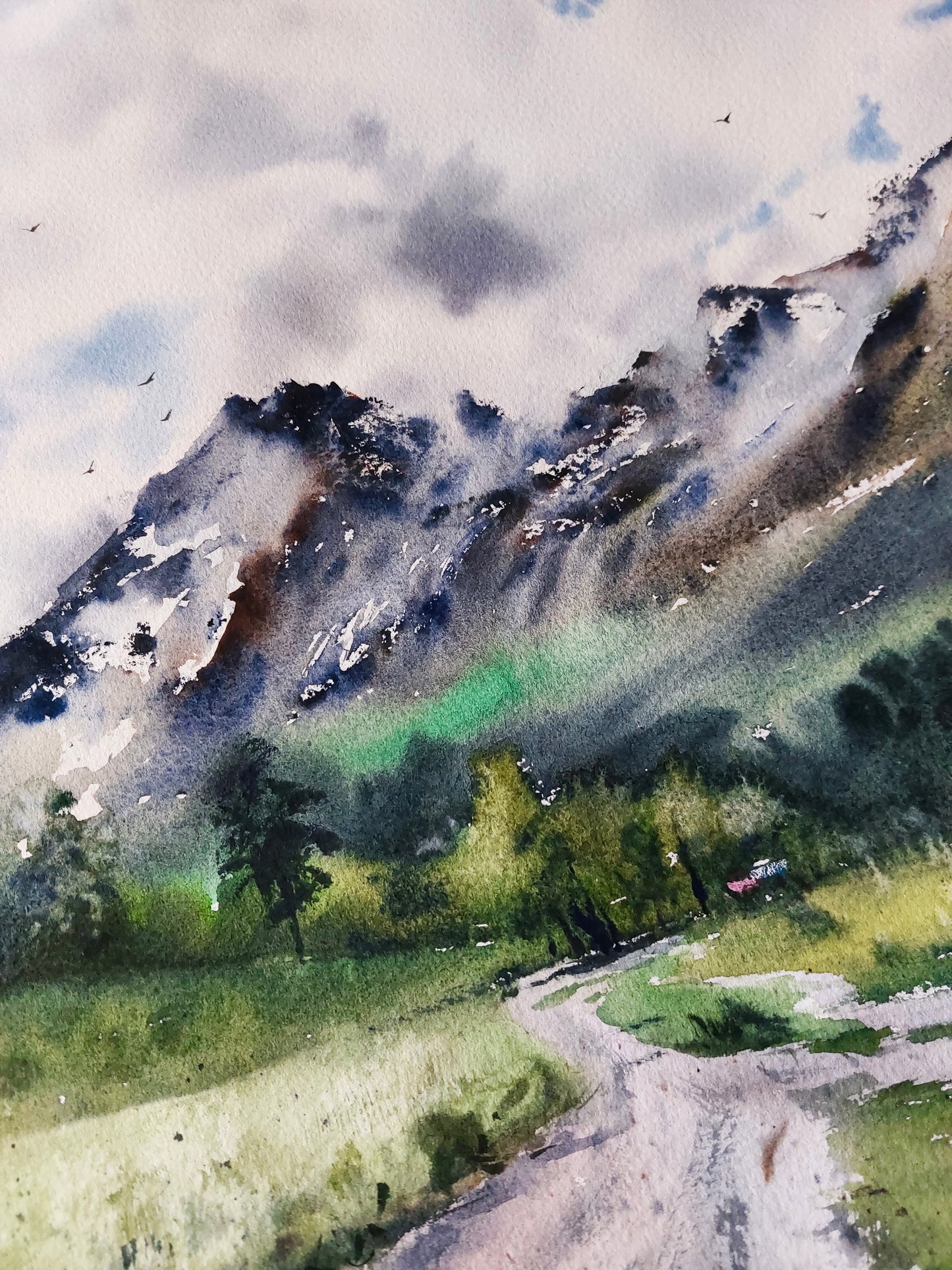 Mountain Painting Watercolor Original - Road to the mountains, Arkhyz #3 - 16 x 22 in