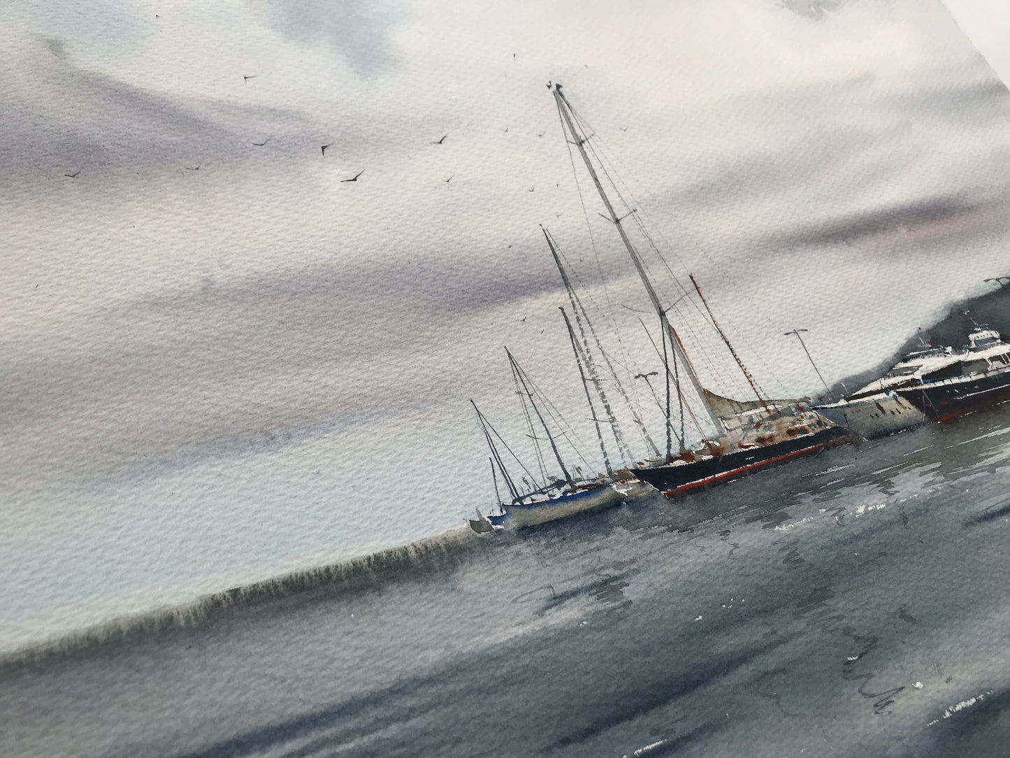 Nautical Watercolor Painting Original - Moored yachts, Palamos - 15 x 22 in