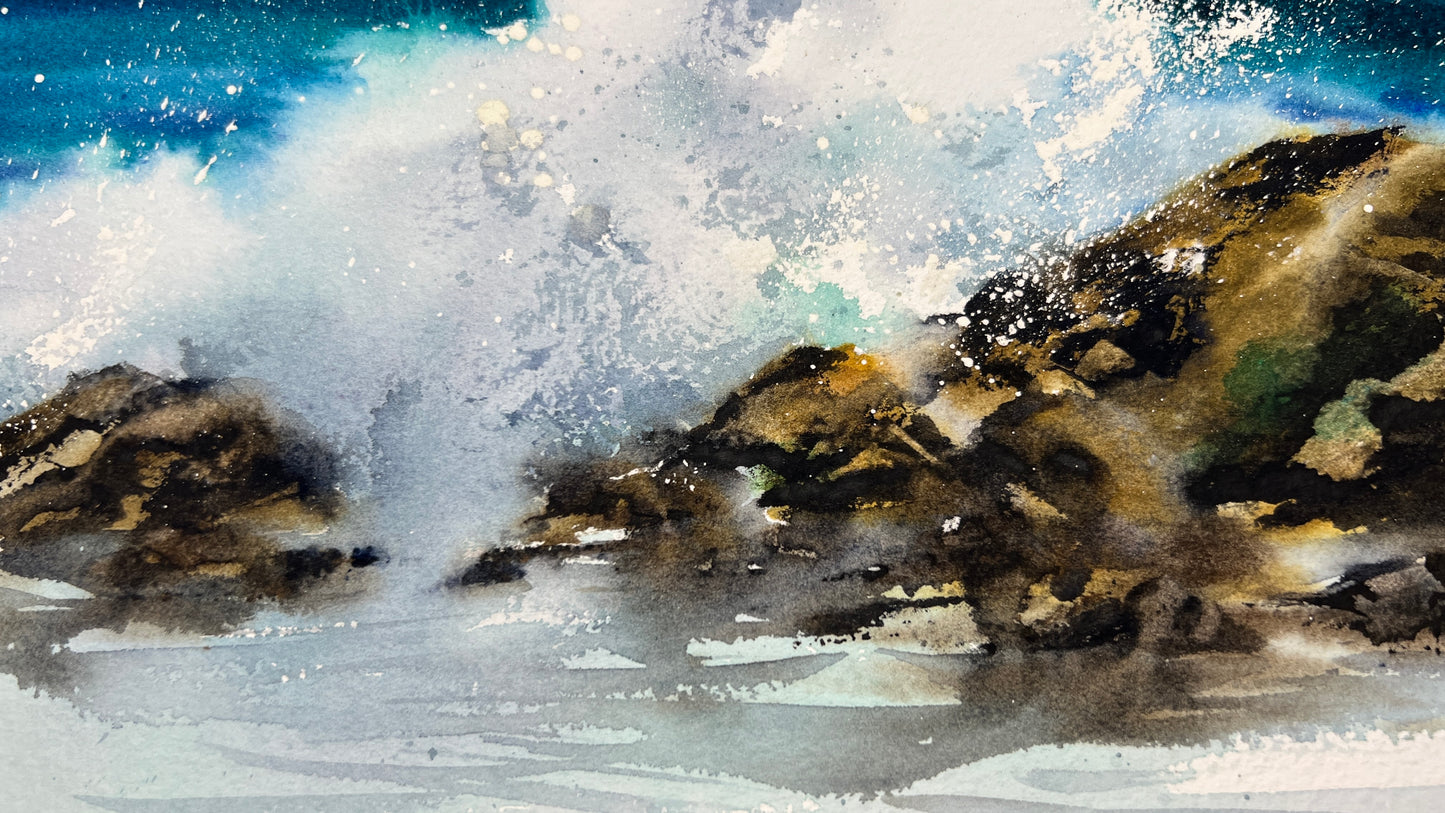 Seascape Painting, Watercolor Original Artwork - Waves and rocks #8