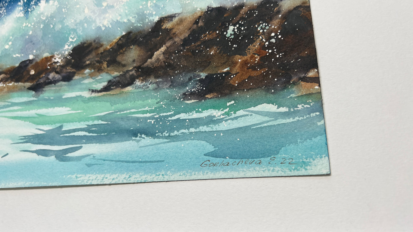 Seaview Painting, Watercolour Original Art - Waves and Rocks #9