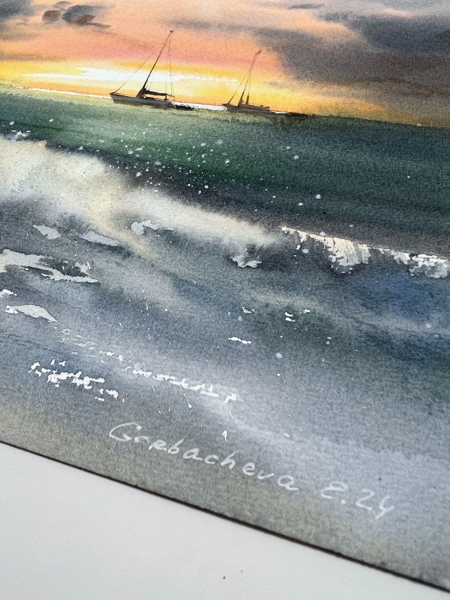 Original Seascape Painting 9x12 - "Yachts at Sunset #11" Watercolor, Nautical Wall Art, Perfect Housewarming Gift
