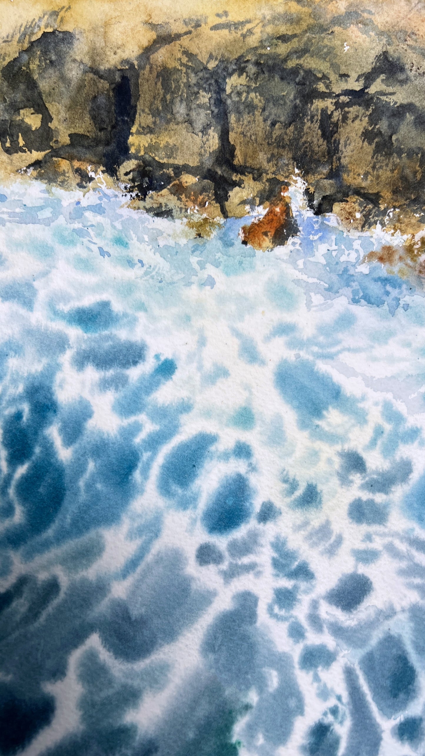 Painting, Watercolor Original Artwork - Waves and rocks #5