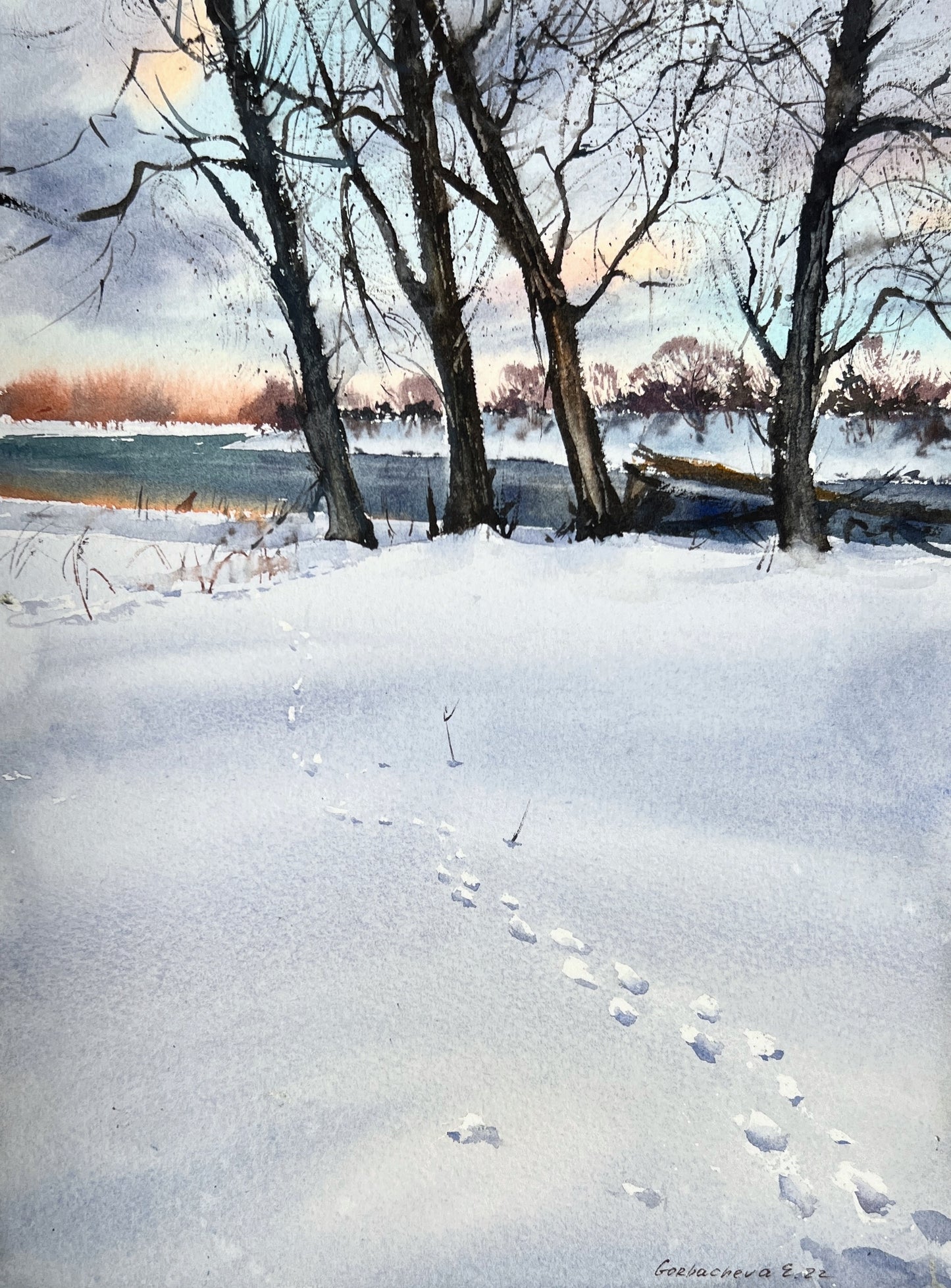 Snowy Landscape Painting Original, Watercolor Winter, Snowy Trees Wall Decor, Christmas Art, Frozen River