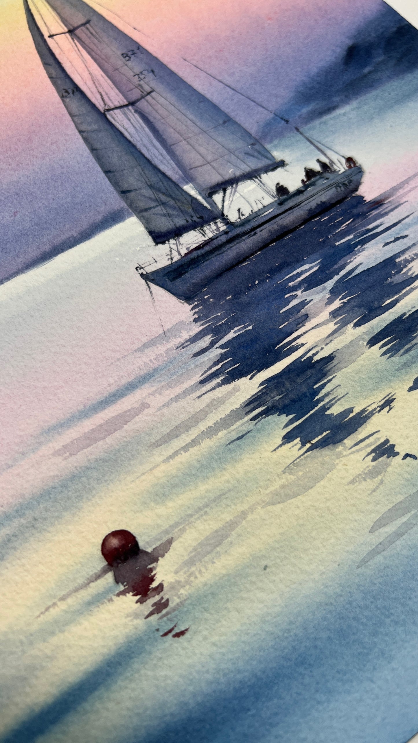 Ocean Beach Yacht Painting Watercolor Original, Sailboat Art, Nautical Wall Decor, Coastal Living Room Decor, Gift
