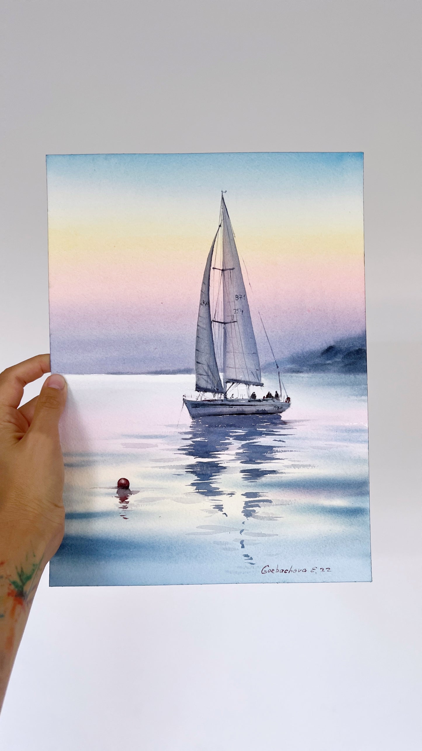 Ocean Beach Yacht Painting Watercolor Original, Sailboat Art, Nautical Wall Decor, Coastal Living Room Decor, Gift
