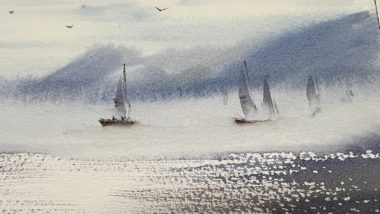 Original Watercolor Yachting Painting, Sailboat Artwork, Seascape Art Decor, Coastal Room Wall Art