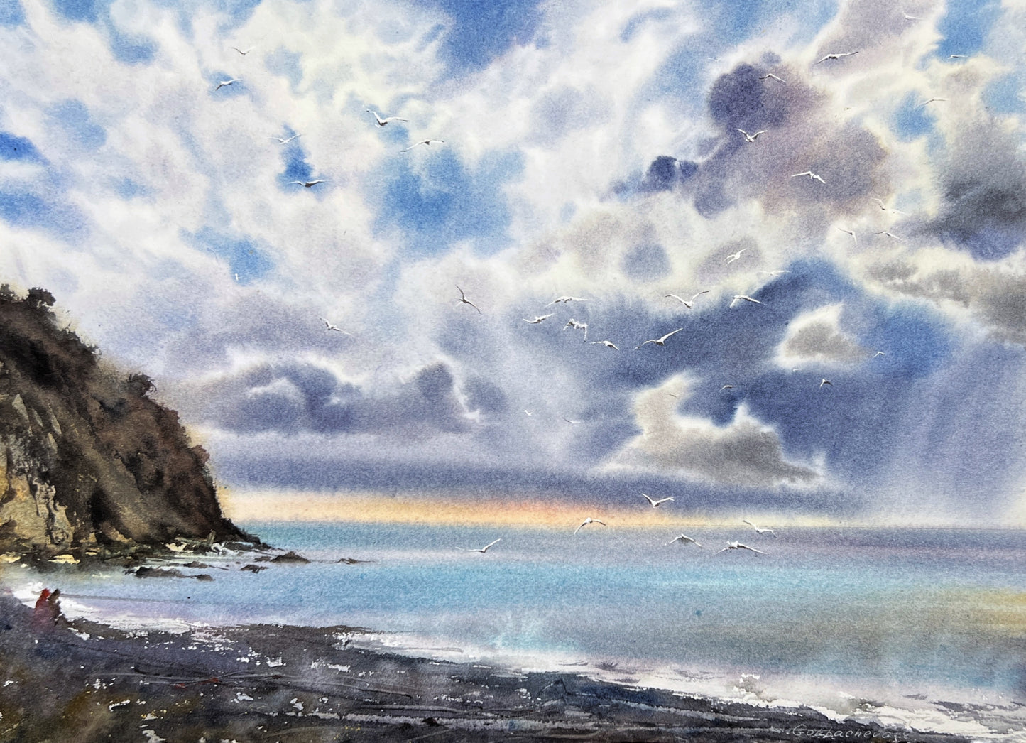 Coastal Painting Watercolor Original - Seagulls over the Sea