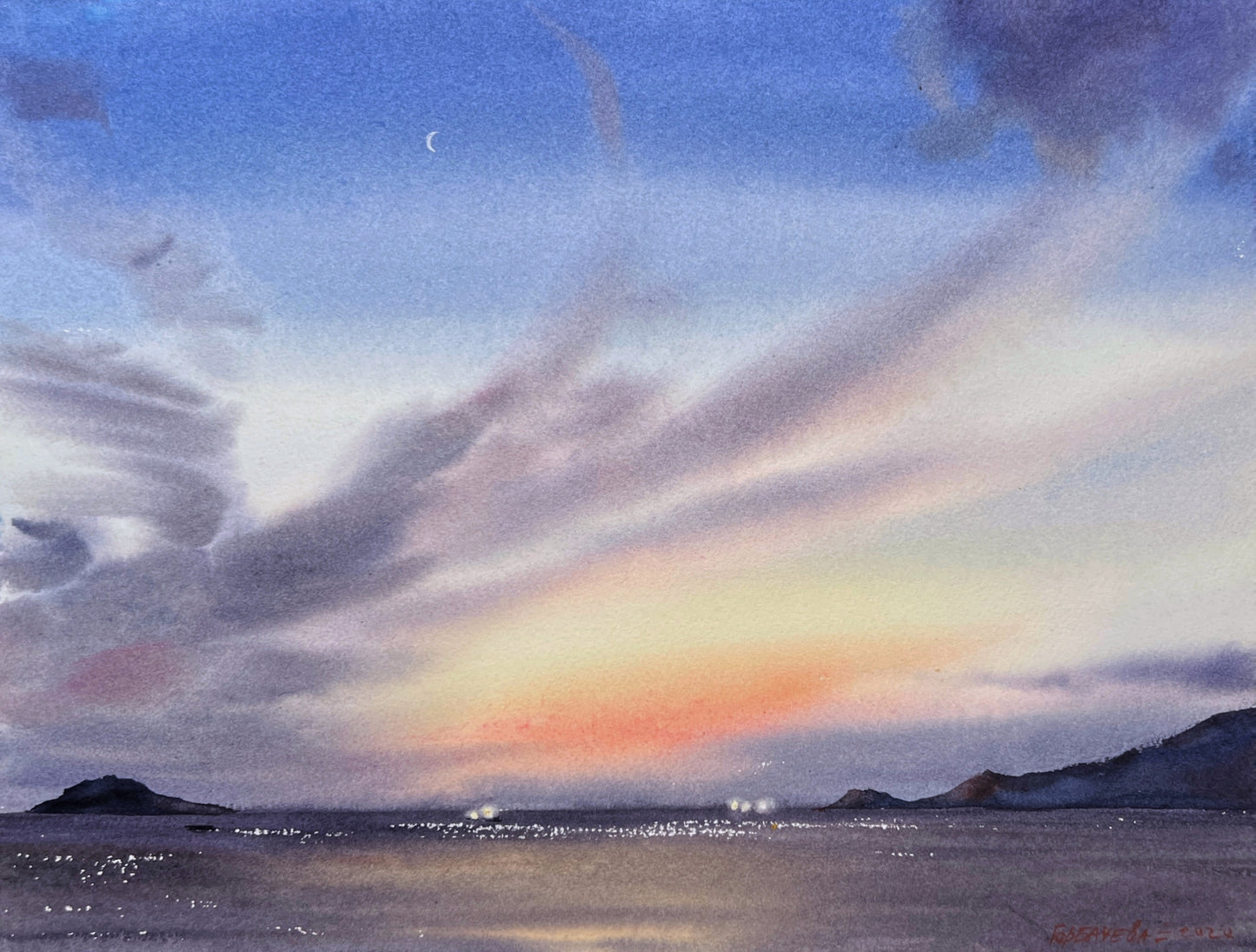 Soft Sunset Painting, Thailand Beach Watercolor Original Art, Asia Wall Art, Purple Cloud Sky, Nature, Gift For Her